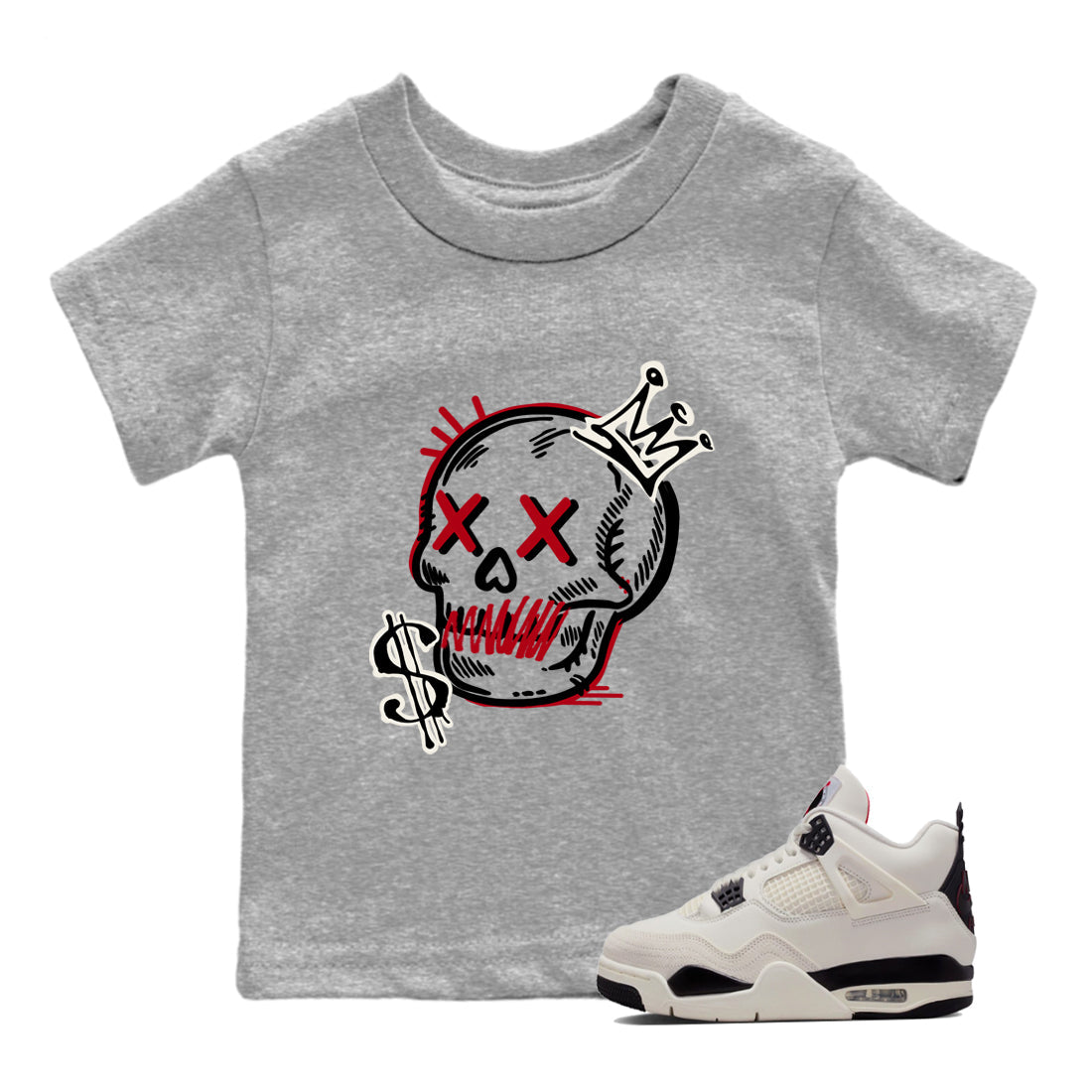 Sneaker match tees – Sneaker Tees To Match Air Jordan 4 Flight Club Shoes – Neon Skull Kids T-Shirt Heather Grey 1