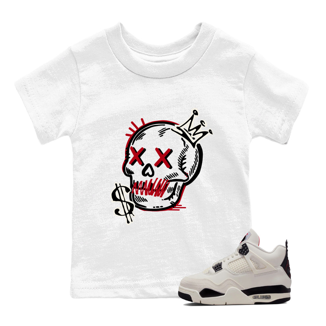Sneaker match tees – Sneaker Tees To Match Air Jordan 4 Flight Club Shoes – Neon Skull Kids T-Shirt White 1