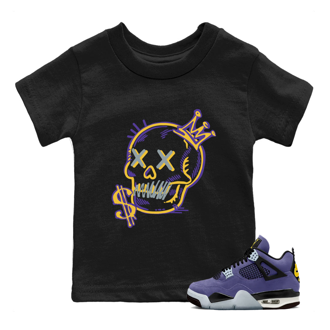 Sneaker match tees – Sneaker Tees To Match Air Jordan 4 Lakeshow Shoes – Neon Skull Kids T-Shirt Black 1