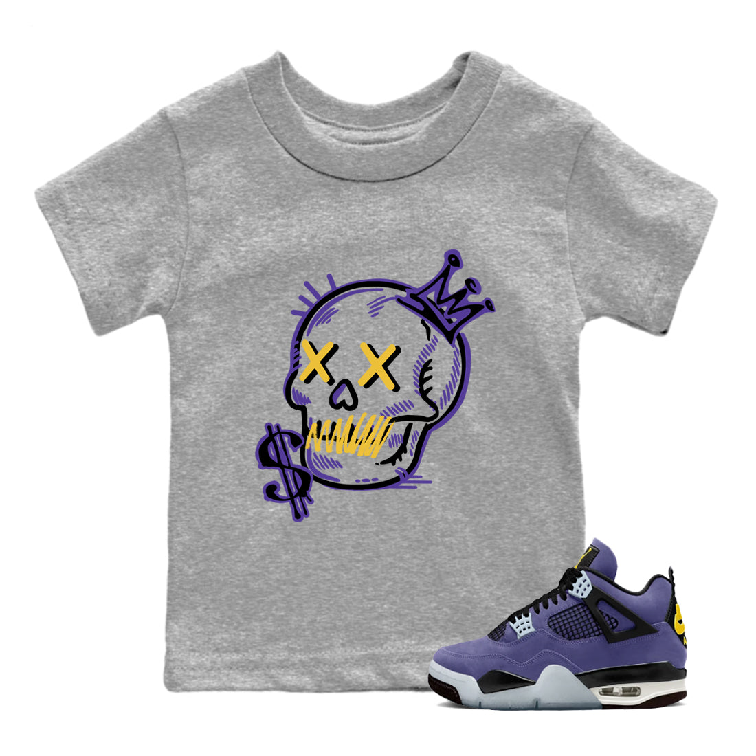 Sneaker match tees – Sneaker Tees To Match Air Jordan 4 Lakeshow Shoes – Neon Skull Kids T-Shirt Heather Grey 1