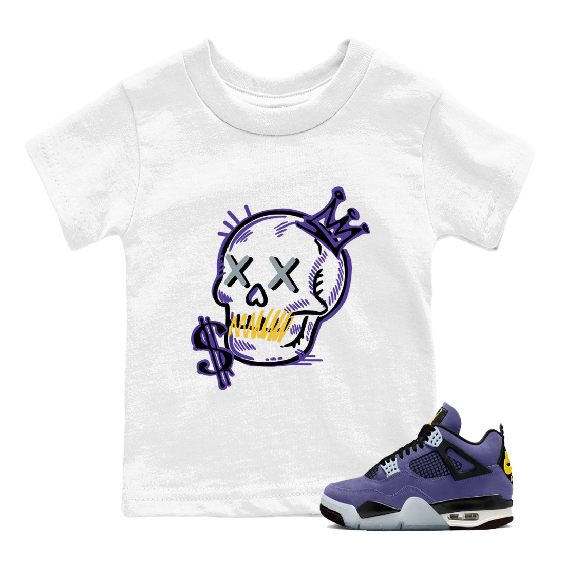 Sneaker match tees – Sneaker Tees To Match Air Jordan 4 Lakeshow Shoes – Neon Skull Kids T-Shirt White 1