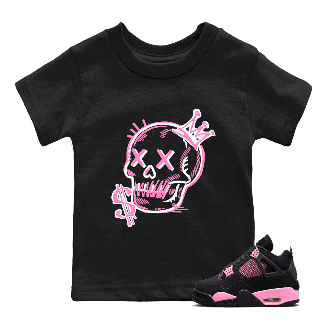 Perfect Valentine's Day Gifts graphic tee  – Sneaker Tees To Match Air Jordan 4 Pink Thunder – Neon Skull Kids Graphic T-Shirt Black 1
