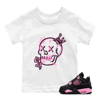 Perfect Valentine's Day Gifts graphic tee  – Sneaker Tees To Match Air Jordan 4 Pink Thunder – Neon Skull Kids Graphic T-Shirt White 1