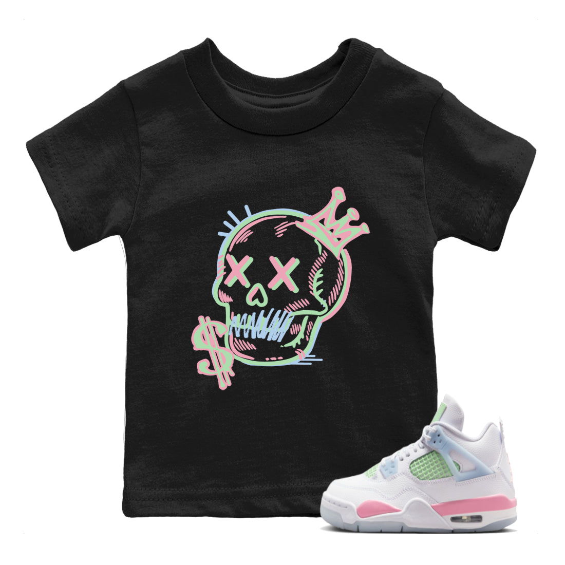 Best Sneakerfits graphic tee – Perfect Valentine's Day outfits to match Air Jordan 4 Valentines Day Kids – Neon Skull Kids T-Shirt Black 1