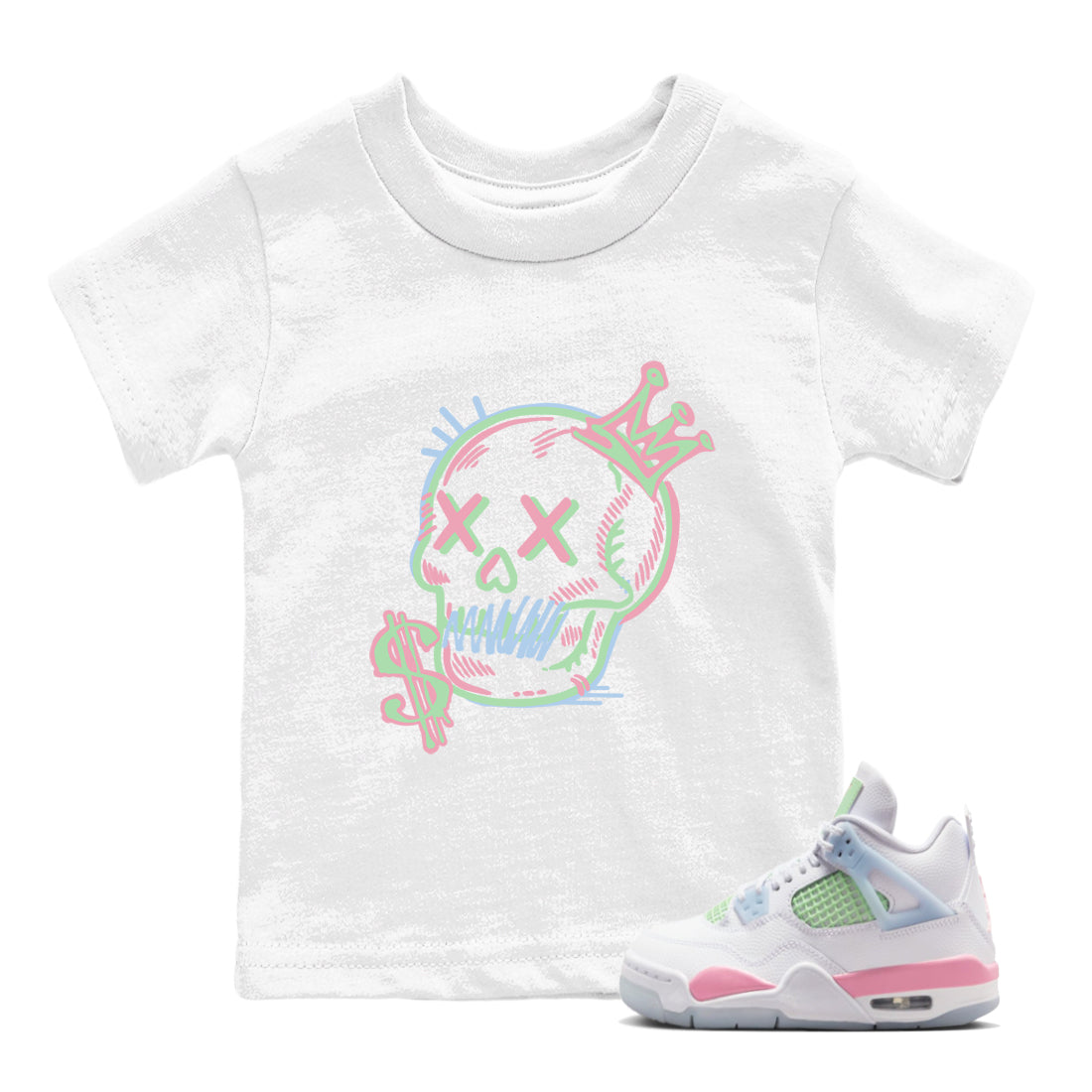 Best Sneakerfits graphic tee – Perfect Valentine's Day outfits to match Air Jordan 4 Valentines Day Kids – Neon Skull Kids T-Shirt White 1