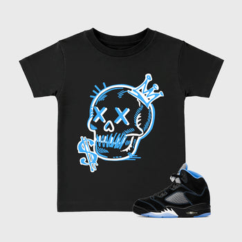 Neon Skull affordable baby and kids t-shirt designed to match the Air Jordan 5 Black Carolina, featuring coordinated Black 1 options for the perfect little sneakerhead streetwear look.