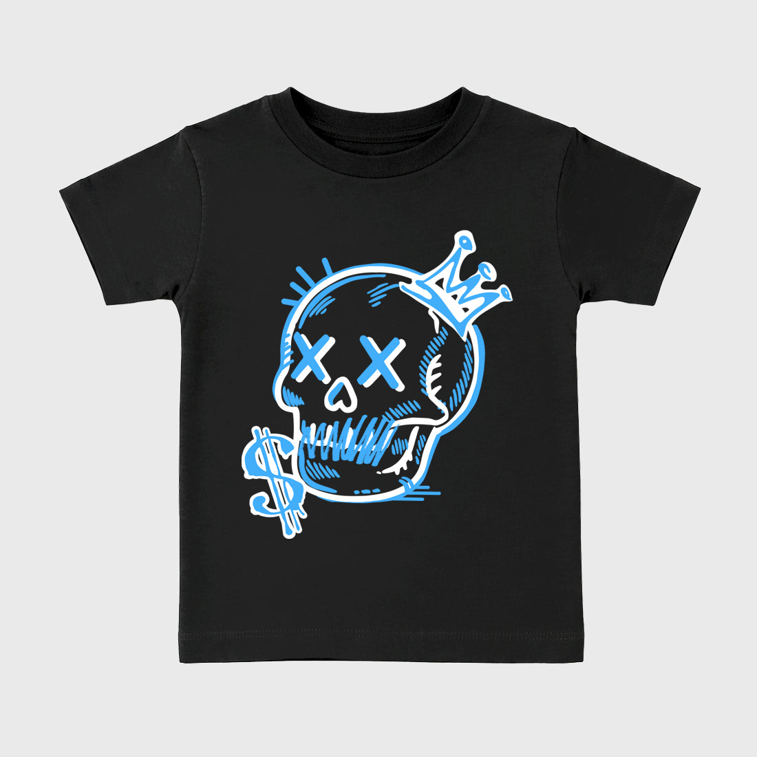 Neon Skull affordable baby and kids t-shirt designed to match the Air Jordan 5 Black Carolina, featuring coordinated Black 2 options for the perfect little sneakerhead streetwear look.