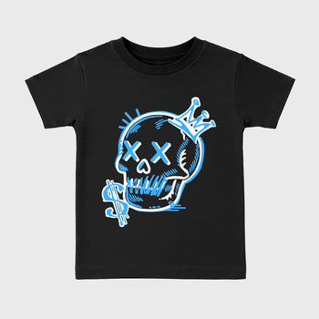 Neon Skull affordable baby and kids t-shirt designed to match the Air Jordan 5 Black Carolina, featuring coordinated Black 2 options for the perfect little sneakerhead streetwear look.