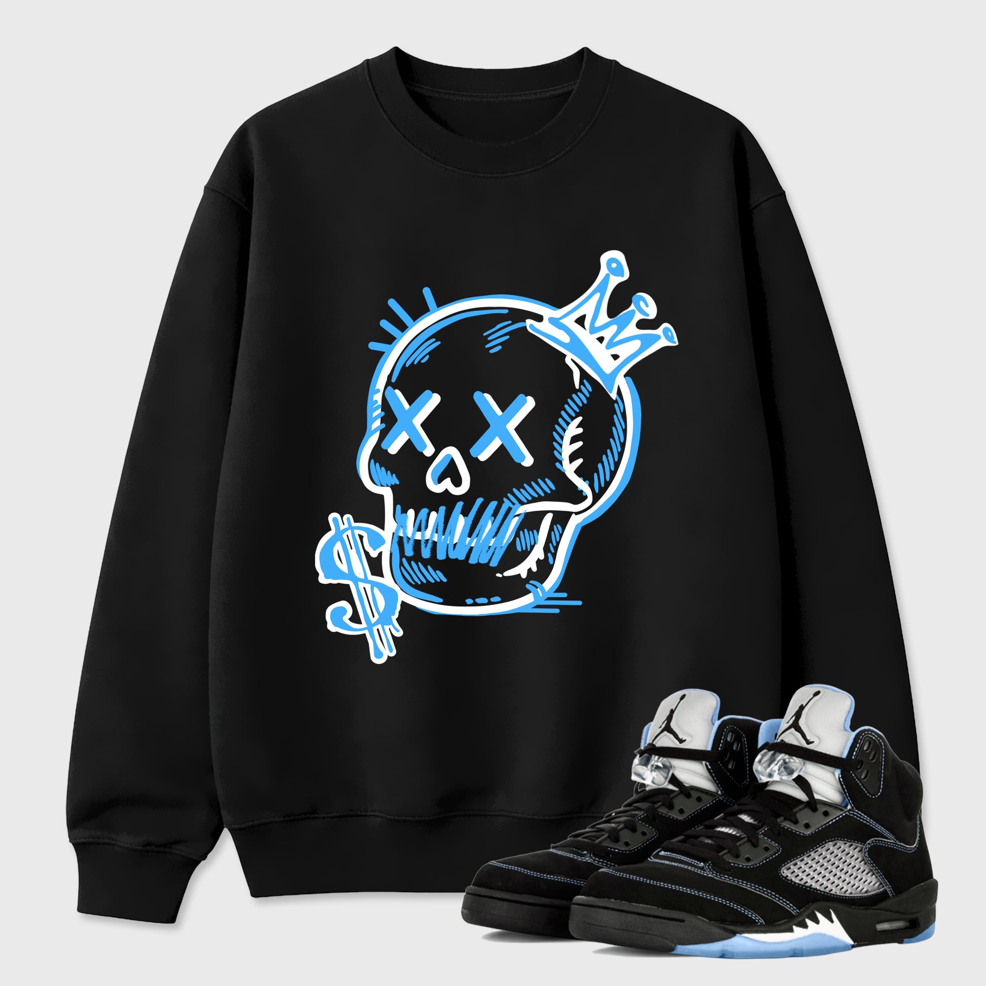 Neon Skull Graphic T-Shirt sneaker match tee designed for the Air Jordan 5 Black Carolina, featuring coordinated color options for a perfect streetwear match. Black 1 shirt.