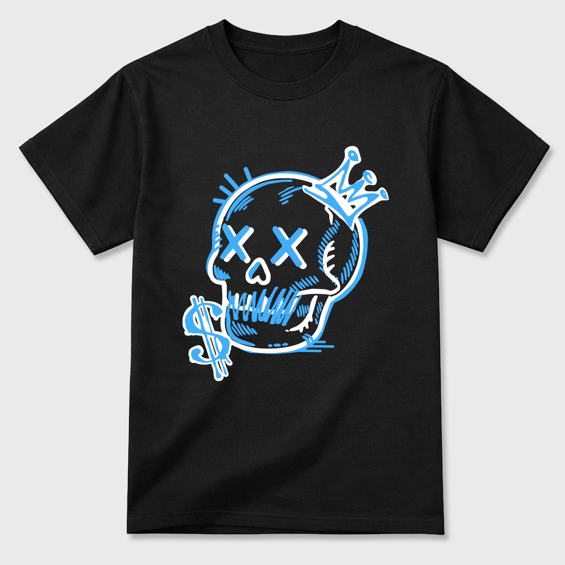 Neon Skull Graphic T-Shirt sneaker match tee designed for the Air Jordan 5 Black Carolina, featuring coordinated color options for a perfect streetwear match. Black 2 shirt.