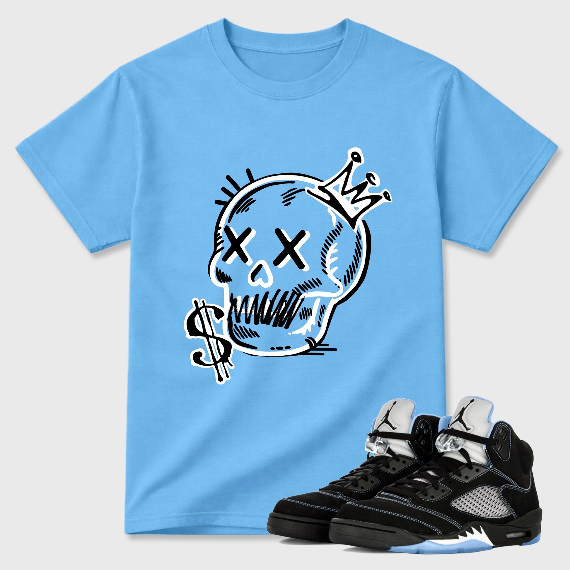 Neon Skull Graphic T-Shirt sneaker match tee designed for the Air Jordan 5 Black Carolina, featuring coordinated color options for a perfect streetwear match. Carolina Blue 1 shirt.