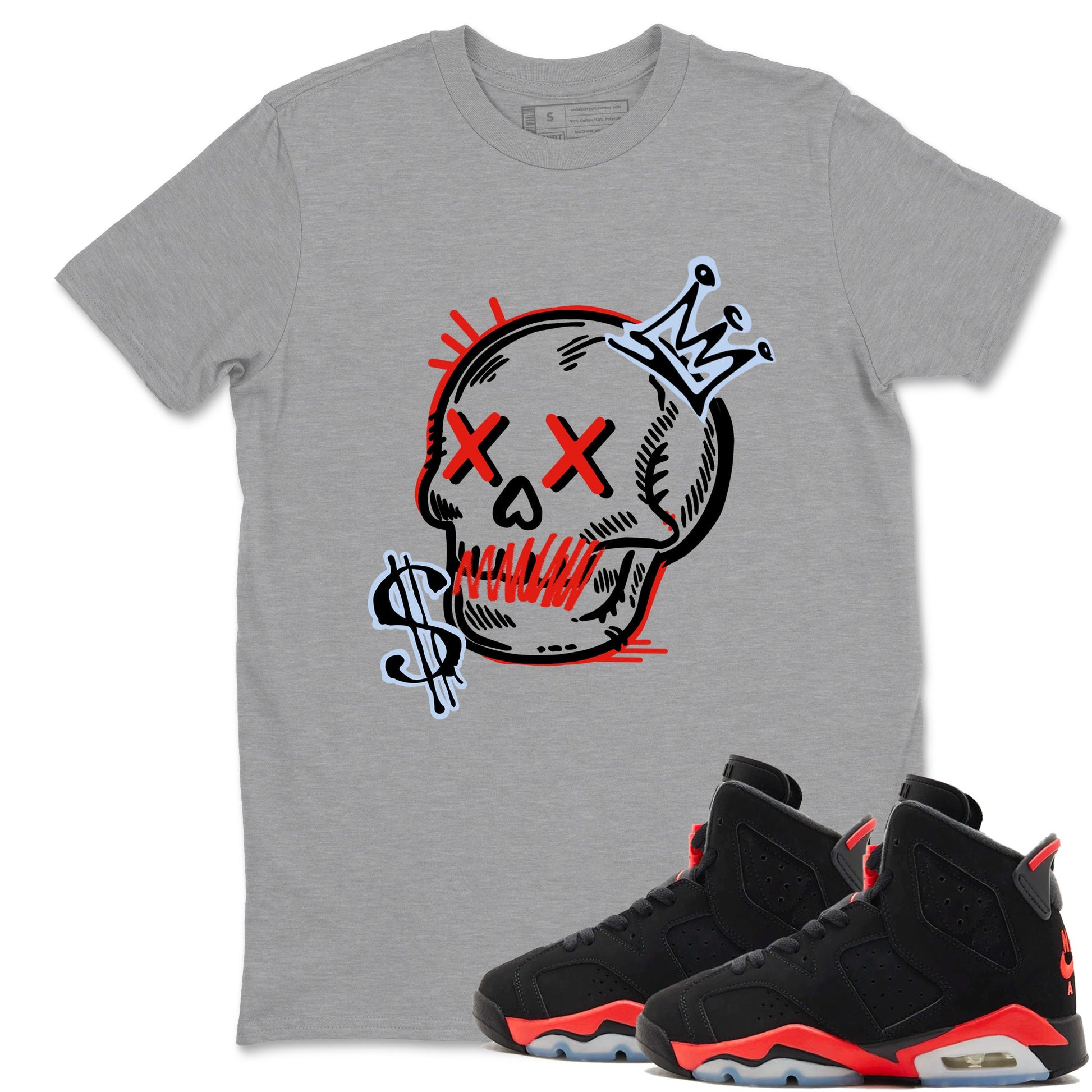 Sneaker match tees – Sneaker Tees To Match Air Jordan 6 Reverse Infrared Shoes – Neon Skull Tee Heather Grey 1