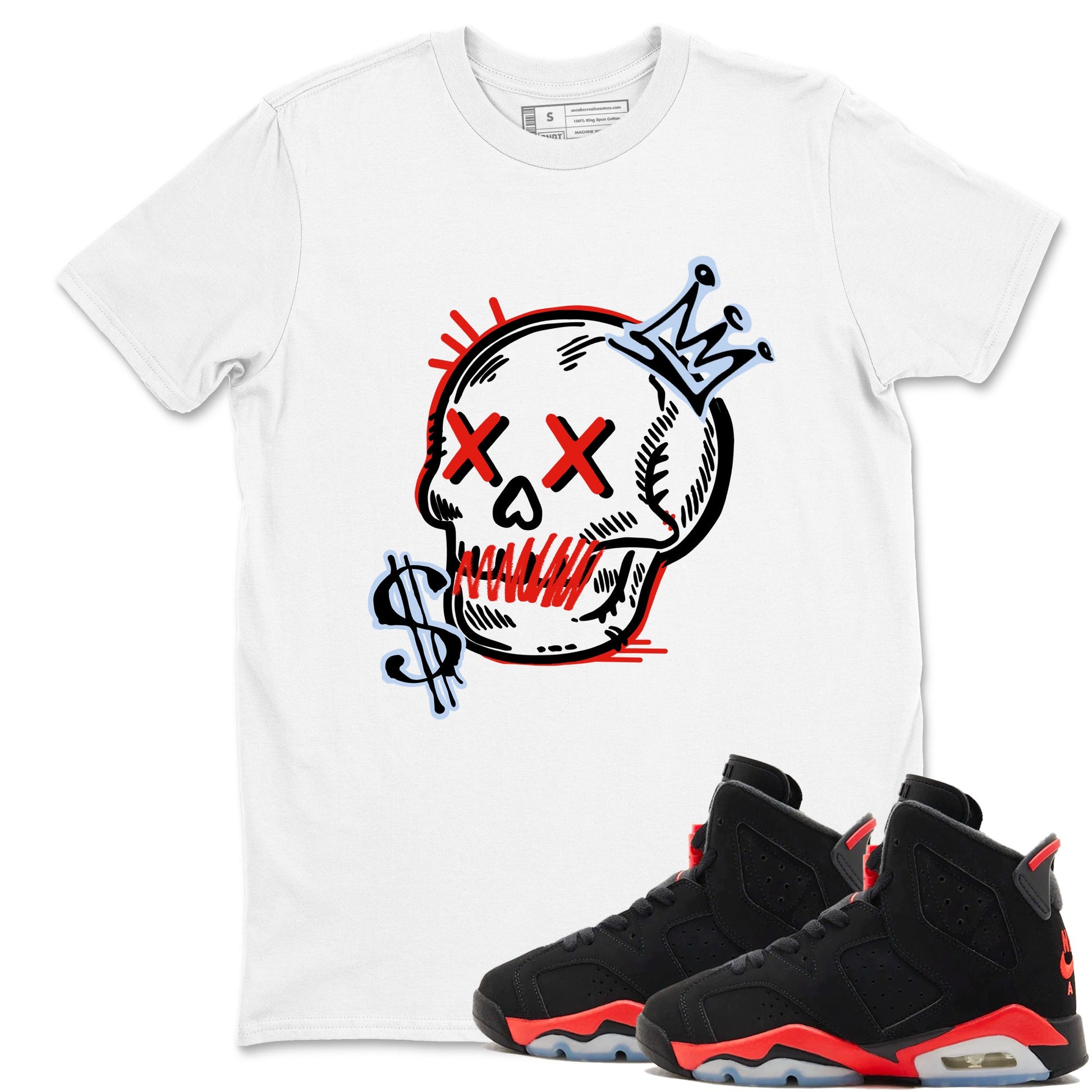 Sneaker match tees – Sneaker Tees To Match Air Jordan 6 Reverse Infrared Shoes – Neon Skull Tee White 1