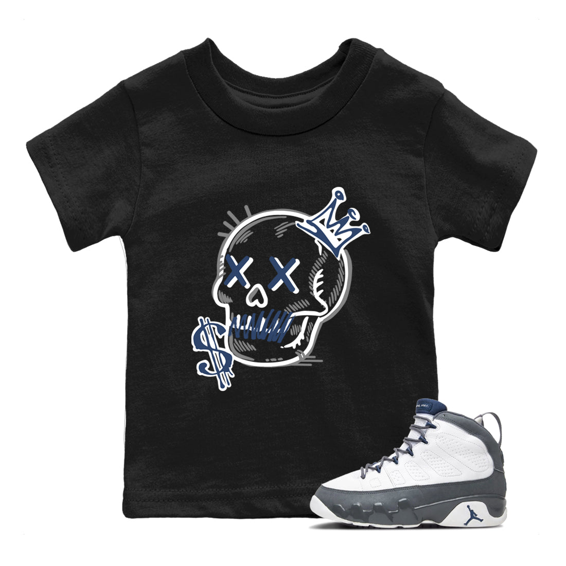 Perfect Valentine's Day Gifts graphic tee  – Sneaker Tees To Match Air Jordan 9 Flint Grey – Neon Skull Kids Graphic T-Shirt Black 1