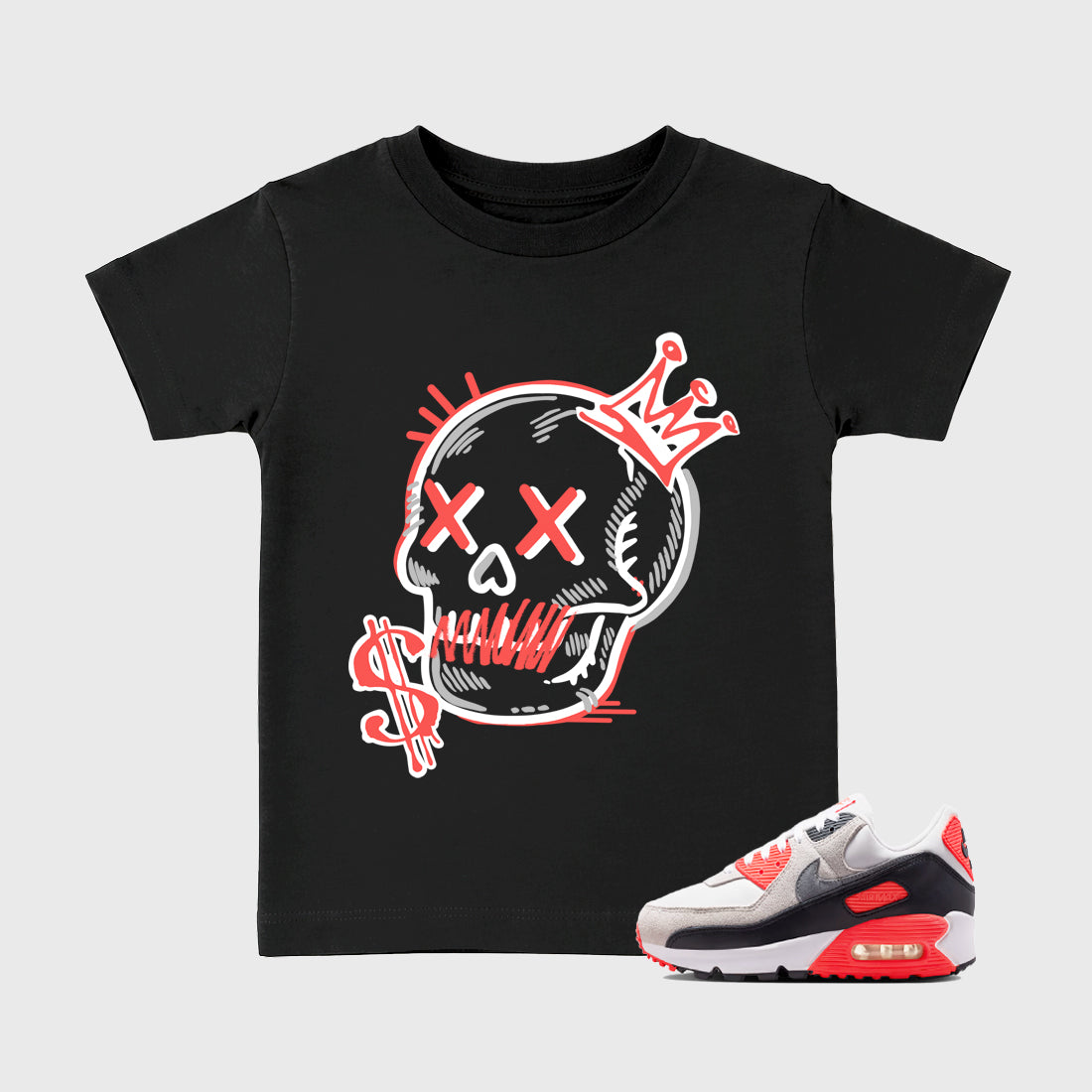 Sneaker match tees – Sneaker Tees To Match Air Max 90 Infrared Shoes – Neon Skull Kids T-Shirt Black 1