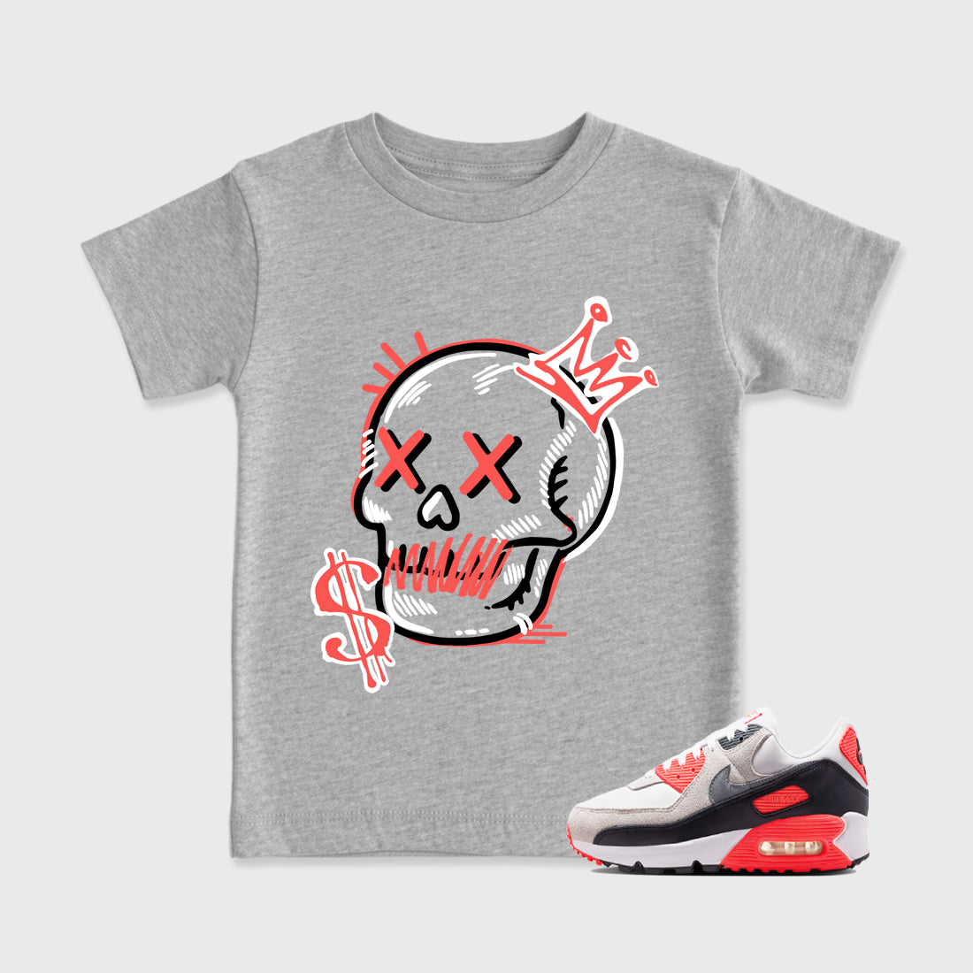 Sneaker match tees – Sneaker Tees To Match Air Max 90 Infrared Shoes – Neon Skull Kids T-Shirt Heather Grey 1