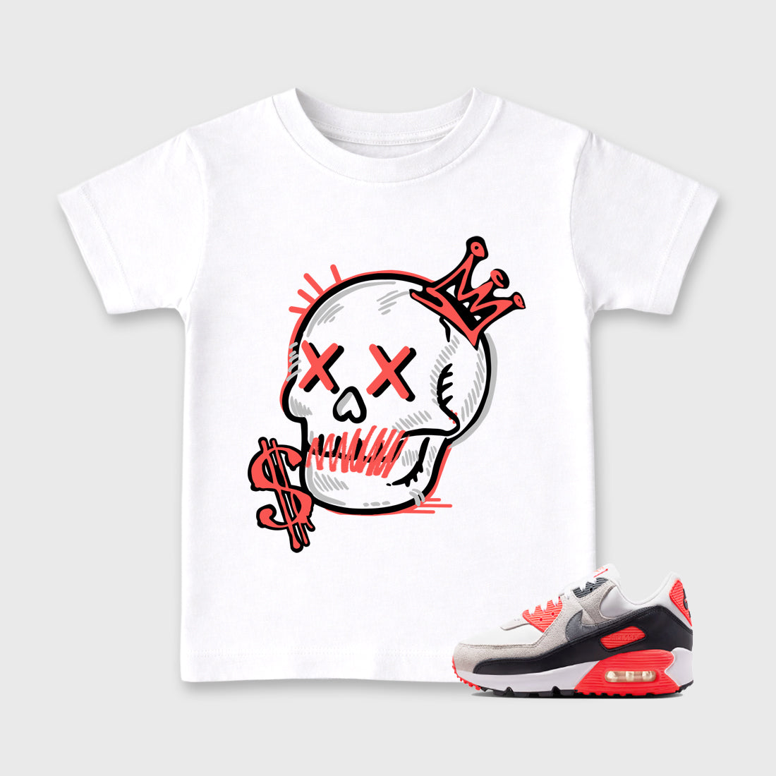 Sneaker match tees – Sneaker Tees To Match Air Max 90 Infrared Shoes – Neon Skull Kids T-Shirt White 1
