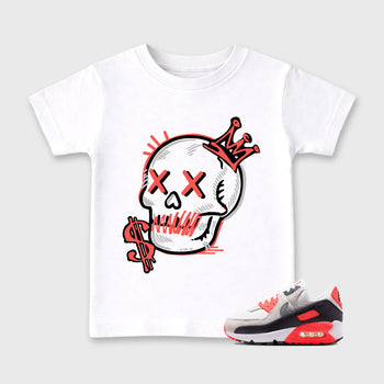 Sneaker match tees – Sneaker Tees To Match Air Max 90 Infrared Shoes – Neon Skull Kids T-Shirt White 1