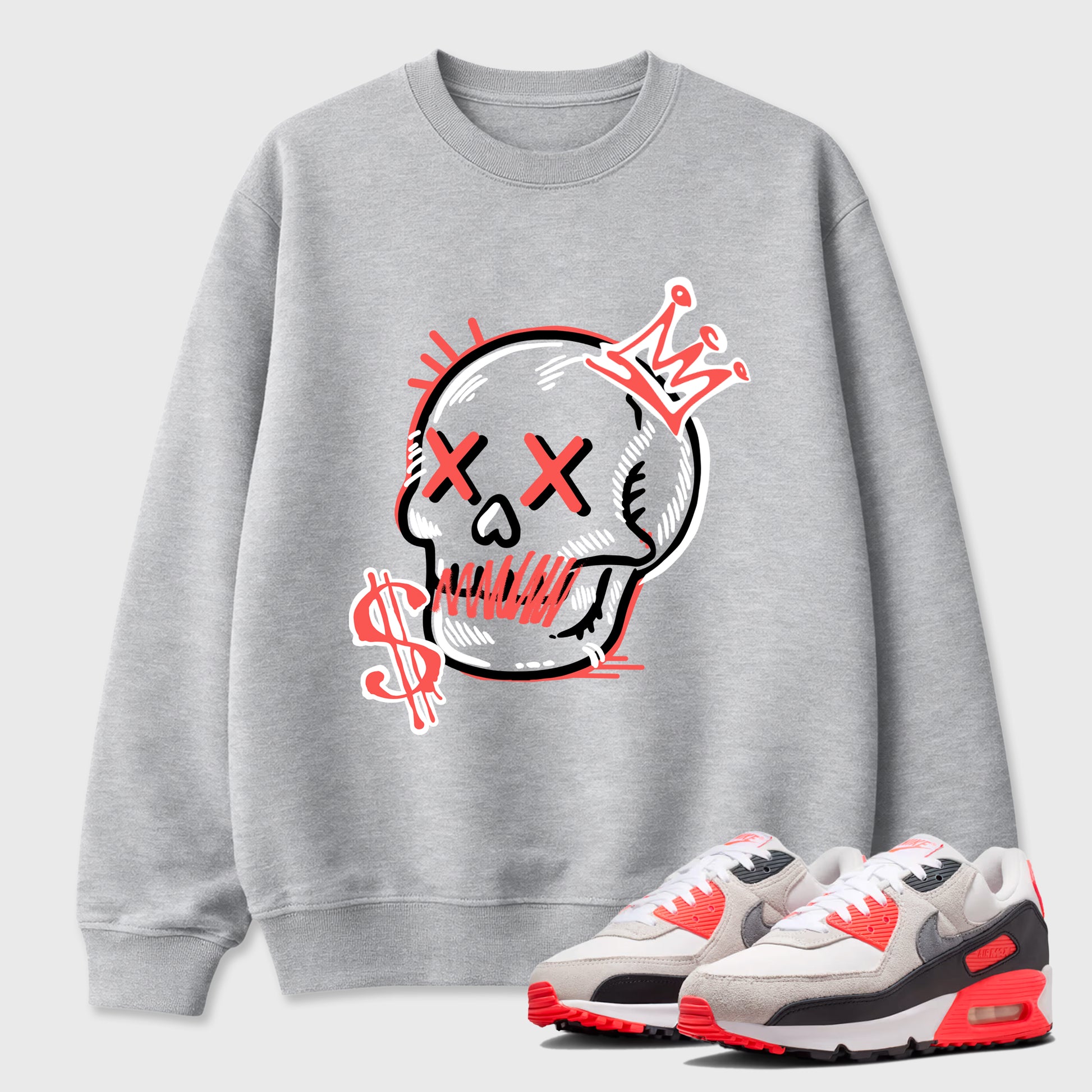 Sneaker match tees – Sneaker Tees To Match Air Max 90 Infrared Shoes – Neon Skull Tee Heather Grey 1