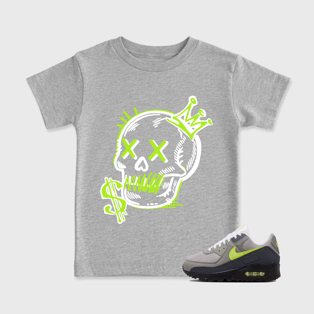 Sneaker match tees – Sneaker Tees To Match Air Max 90 Neon Yellow Shoes – Neon Skull Kids T-Shirt Heather Grey 1