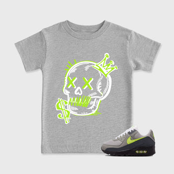 Sneaker match tees – Sneaker Tees To Match Air Max 90 Neon Yellow Shoes – Neon Skull Kids T-Shirt Heather Grey 1