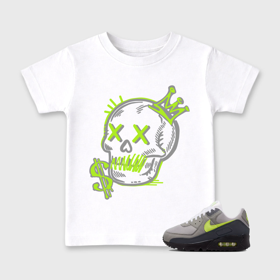 Sneaker match tees – Sneaker Tees To Match Air Max 90 Neon Yellow Shoes – Neon Skull Kids T-Shirt White 1