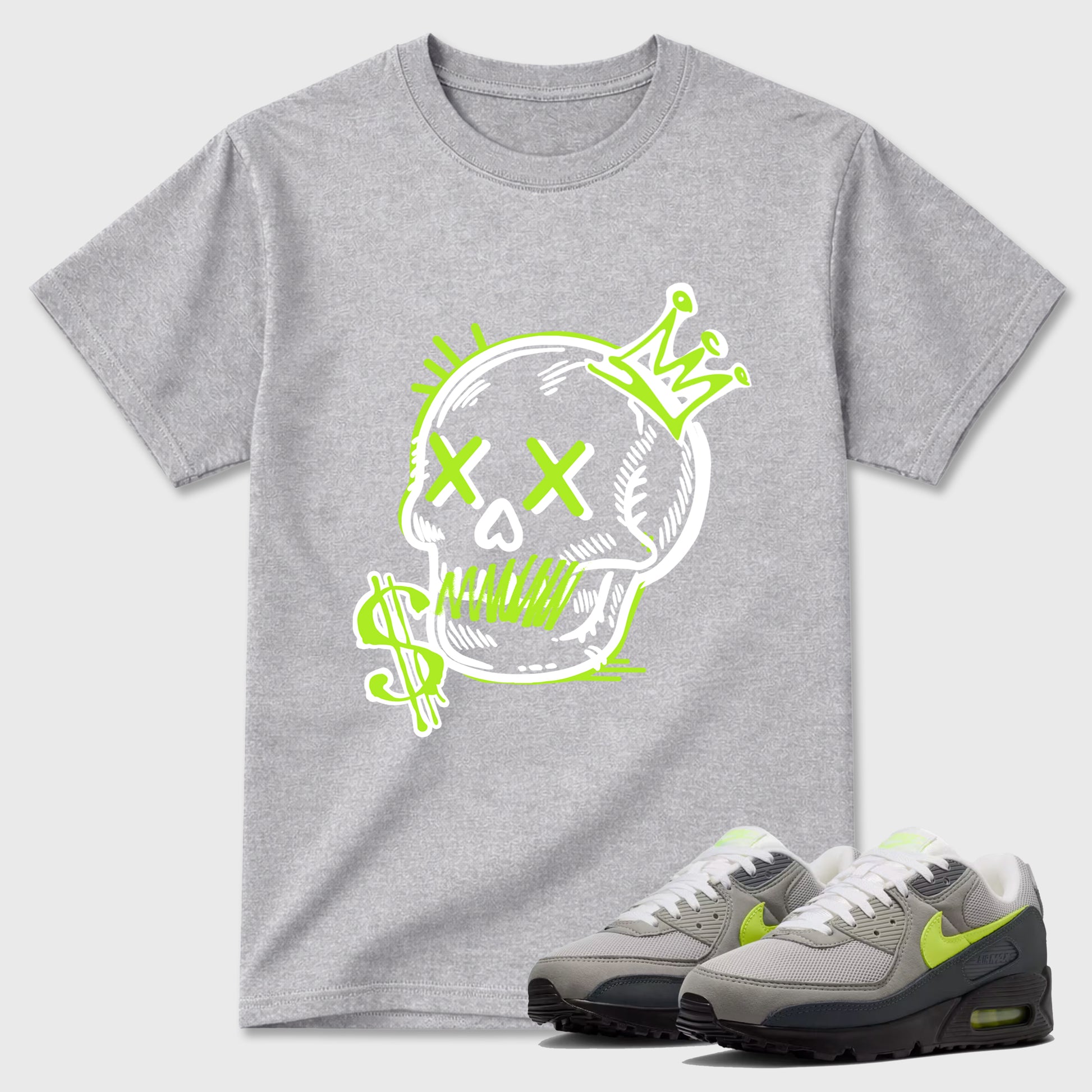 Sneaker match tees – Sneaker Tees To Match Air Max 90 Neon Yellow Shoes – Neon Skull Tee Heather Grey 1