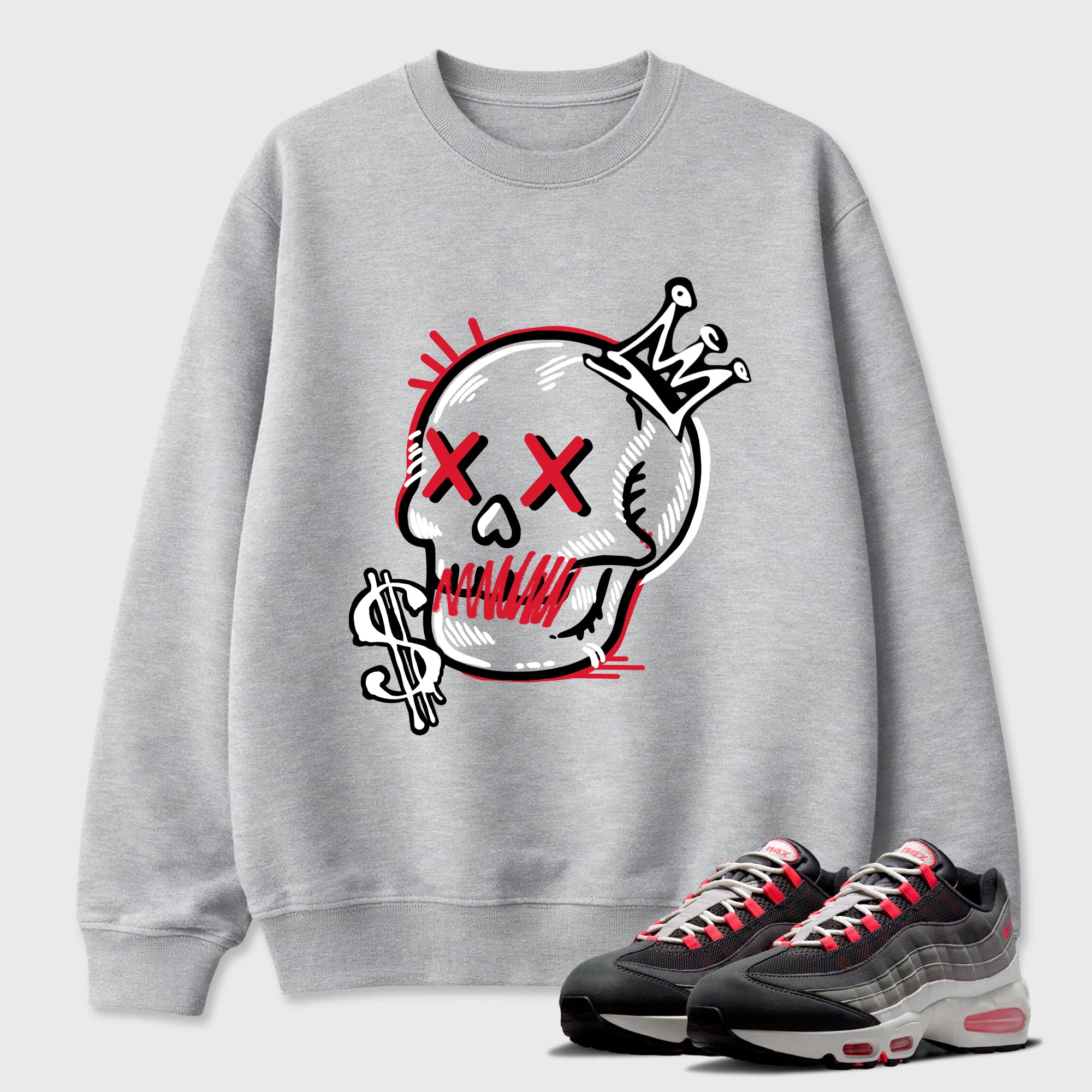 Neon Skull Graphic T-Shirt featuring original streetwear artwork designed to match the Air Max 95 Reverse Solar Red. Heather Grey 1 Graphic Tee.