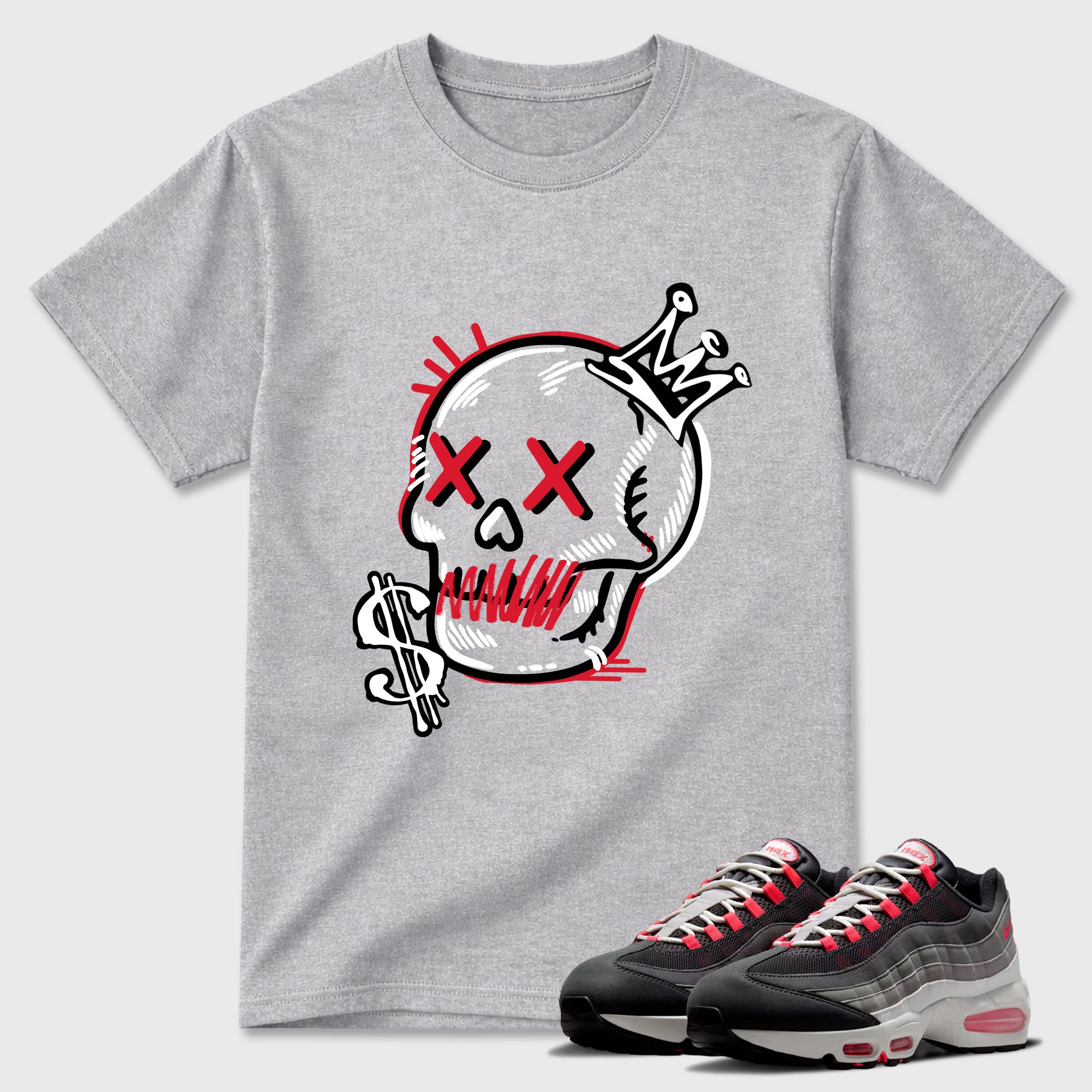 Neon Skull Graphic T-Shirt featuring original streetwear artwork designed to match the Air Max 95 Reverse Solar Red. Heather Grey 1 Graphic T-Shirt.