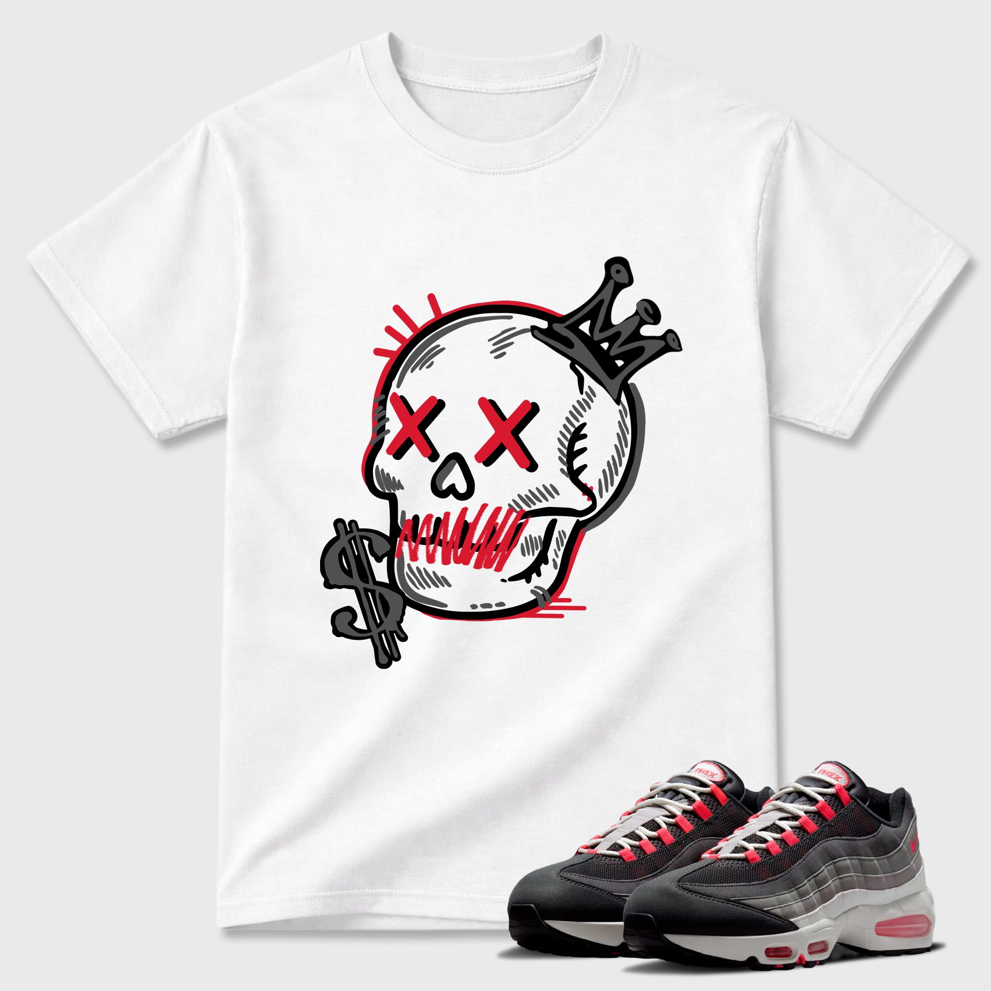 Neon Skull Graphic T-Shirt featuring original streetwear artwork designed to match the Air Max 95 Reverse Solar Red. White 1 Graphic T-Shirt.