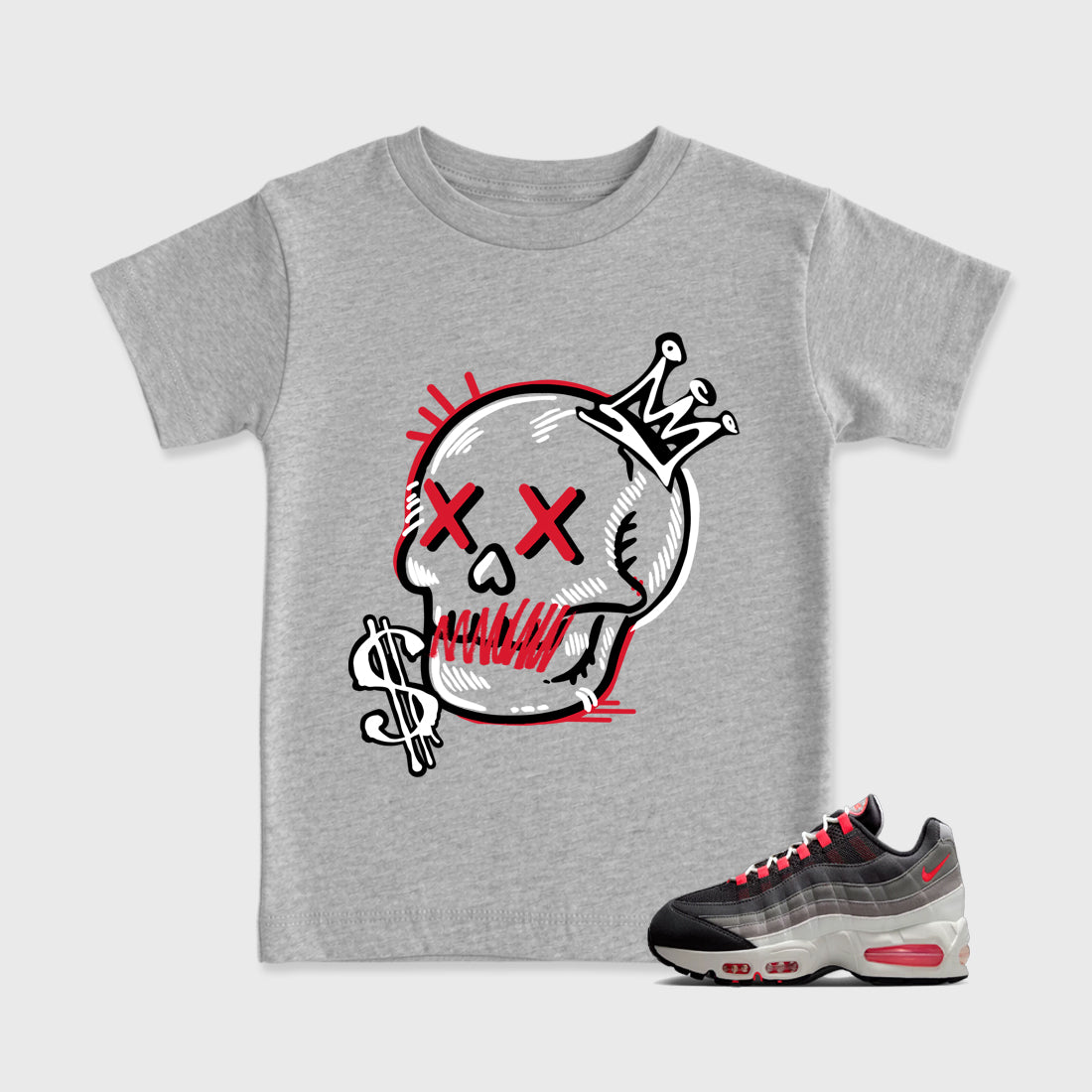 Neon Skull Baby & Kids Graphic T-Shirt featuring original artwork designed to match the Air Max 95 Reverse Solar Red. Heather Grey 1 Kids Graphic Tee.