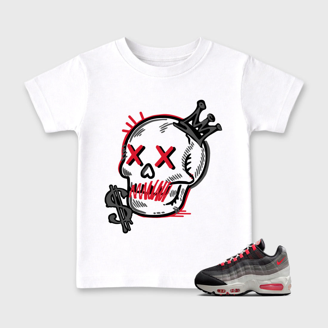 Neon Skull Baby & Kids Graphic T-Shirt featuring original artwork designed to match the Air Max 95 Reverse Solar Red. White 1 Kids Graphic Tee.