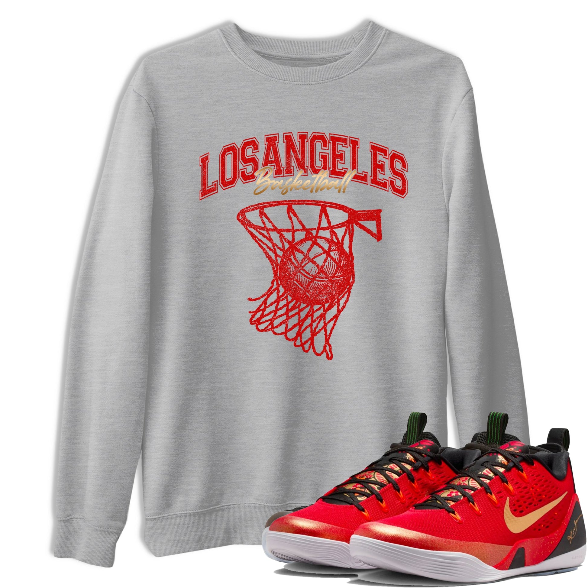 Sneaker match tees – Sneaker Tees To Match Nike KB 9 China Shoes KB 9 University Red and Metallic Gold – Net Burn Tee Heather Grey 1
