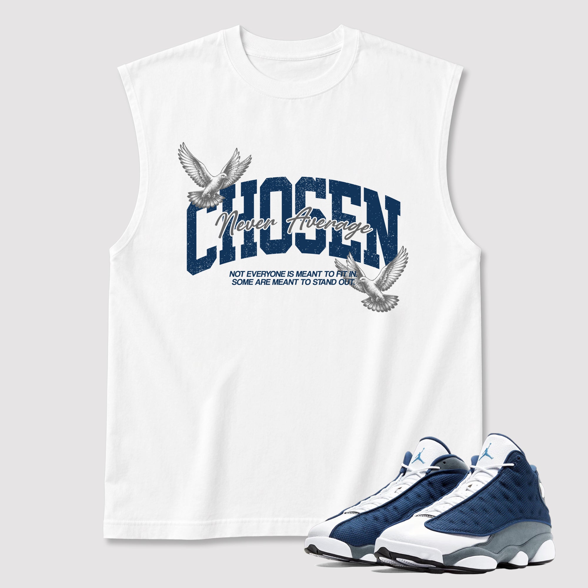 Never Average men's graphic muscle t-shirt designed to match the Air Jordan 13 Flint, featuring coordinated White 1 graphics for the perfect streetwear look.