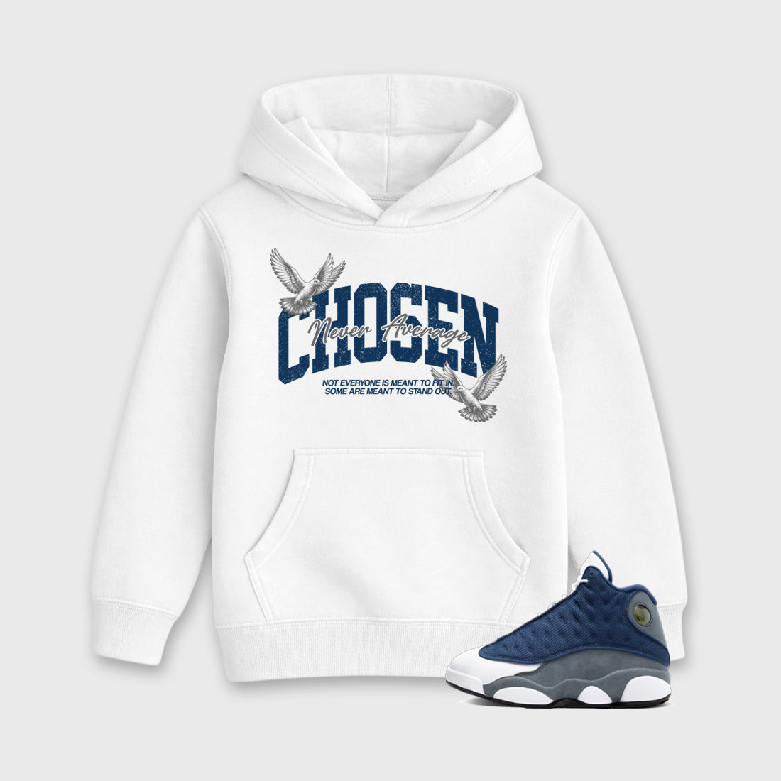 Never Average Baby & Kids Graphic Hoodie featuring original artwork designed to match the Air Jordan 13 Flint. White 1 Kids Graphic Sweater.