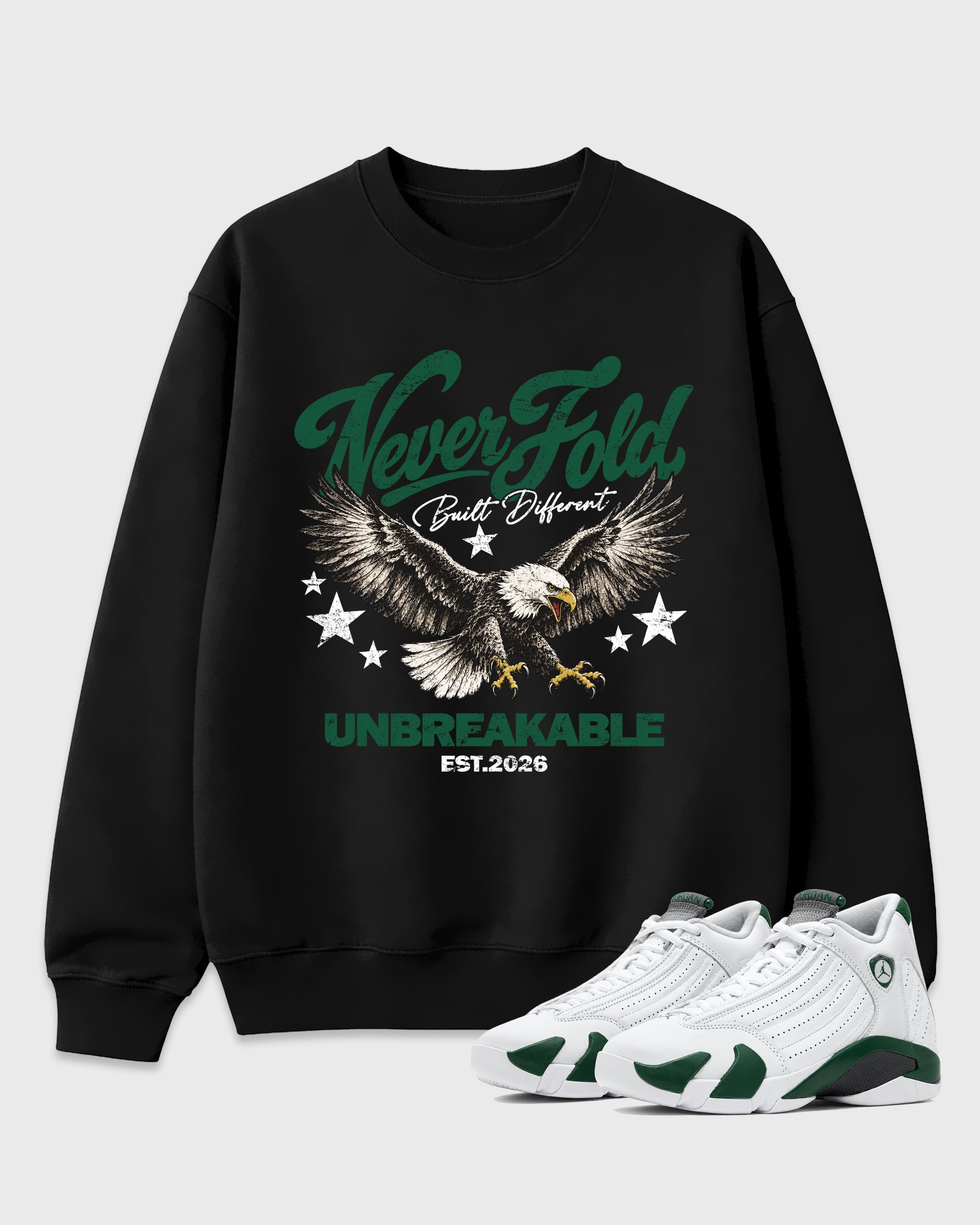 Never Fold Graphic T-Shirt featuring original streetwear artwork designed to match the Air Jordan 14 Forest Green. Black 1 Graphic Tee.