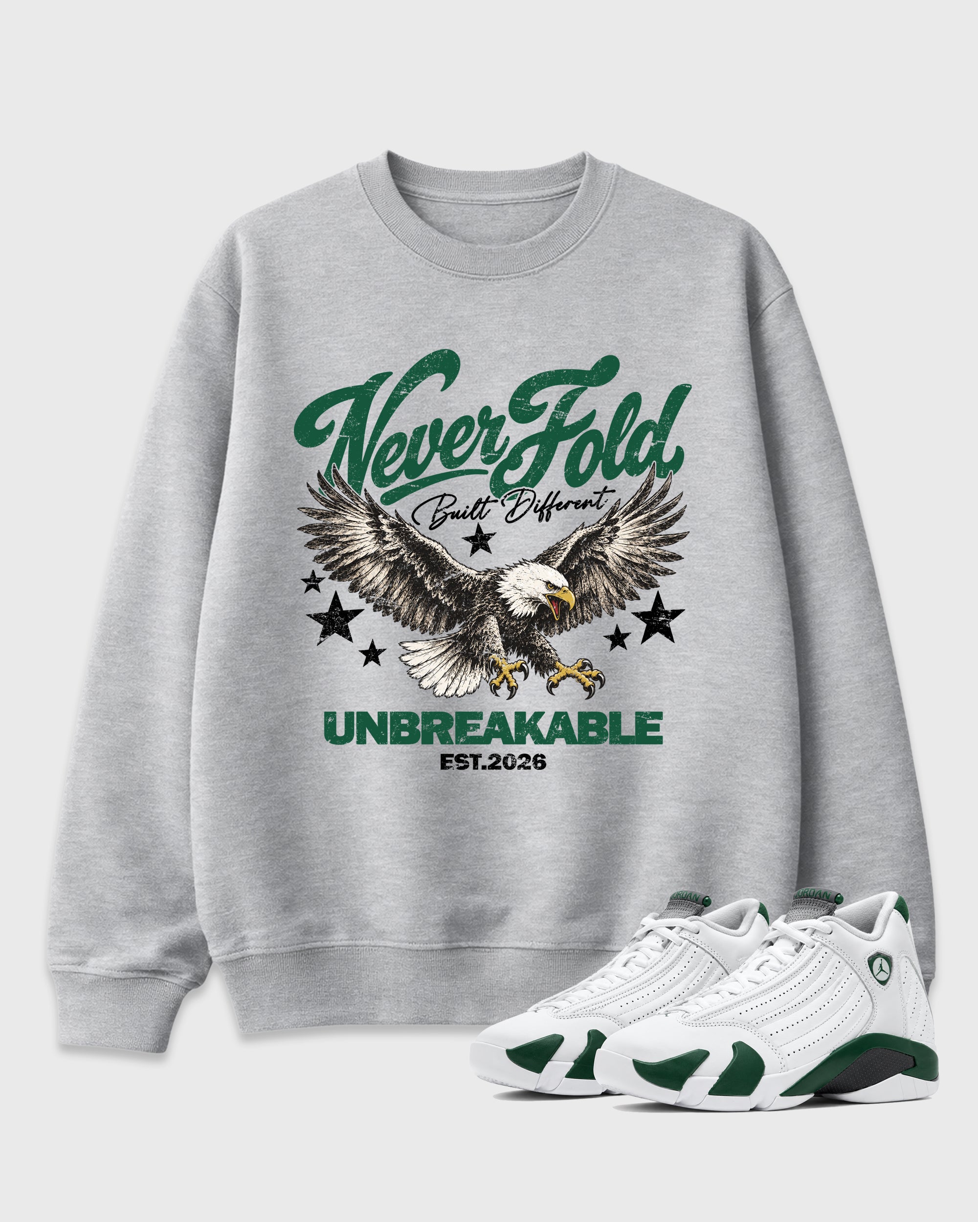 Never Fold Graphic T-Shirt featuring original streetwear artwork designed to match the Air Jordan 14 Forest Green. Heather Grey 1 Graphic Tee.