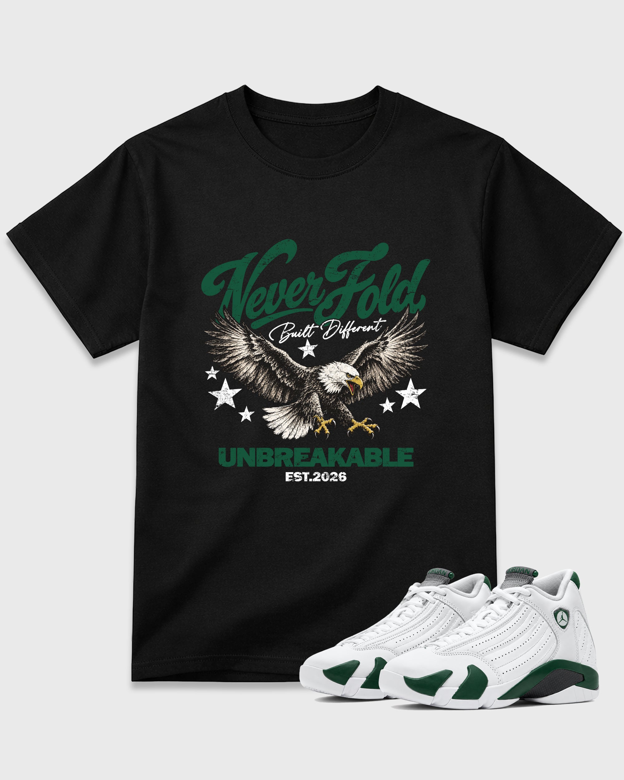 Never Fold Graphic T-Shirt featuring original streetwear artwork designed to match the Air Jordan 14 Forest Green. Black 1 Graphic T-Shirt.