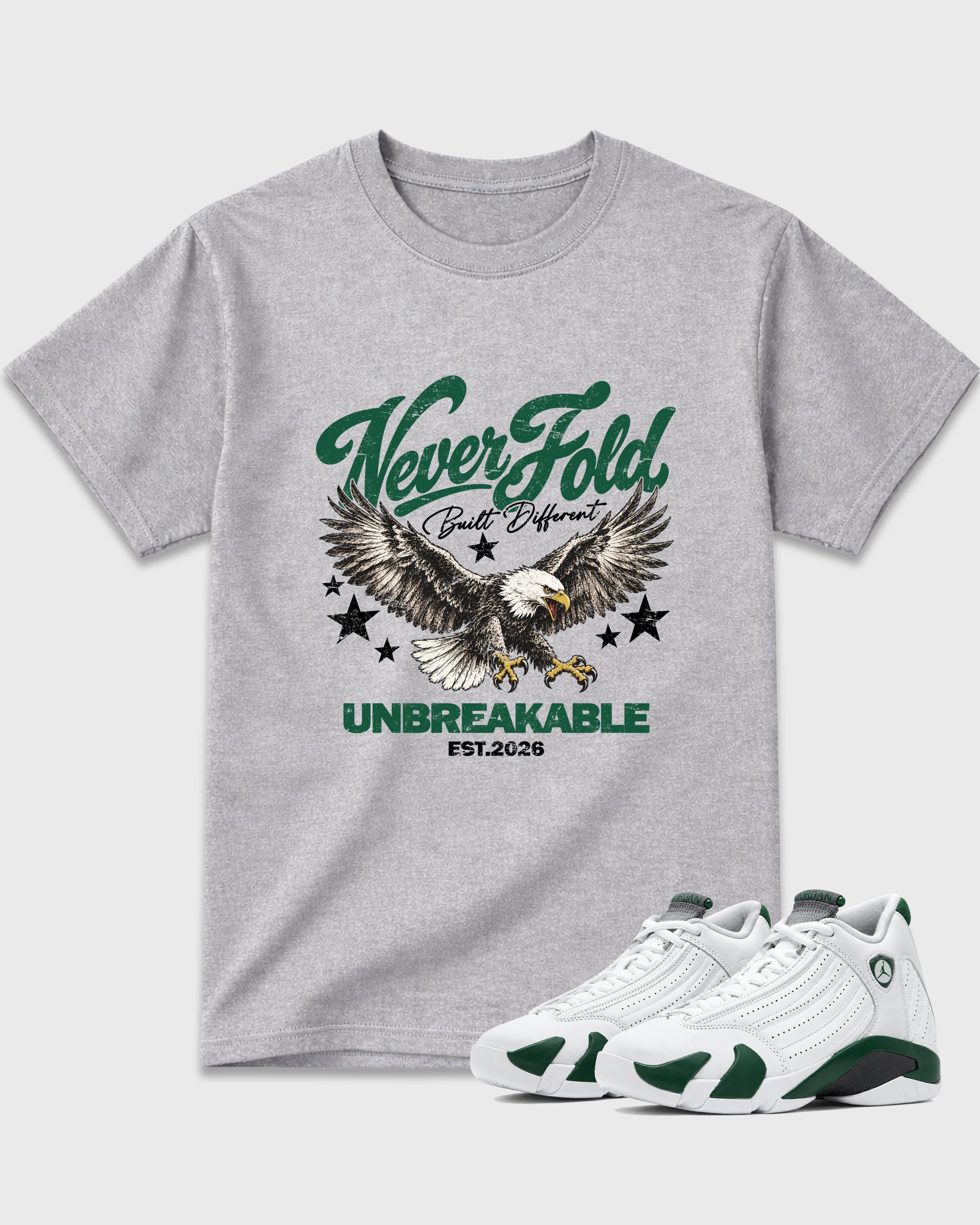 Never Fold Graphic T-Shirt featuring original streetwear artwork designed to match the Air Jordan 14 Forest Green. Heather Grey 1 Graphic T-Shirt.