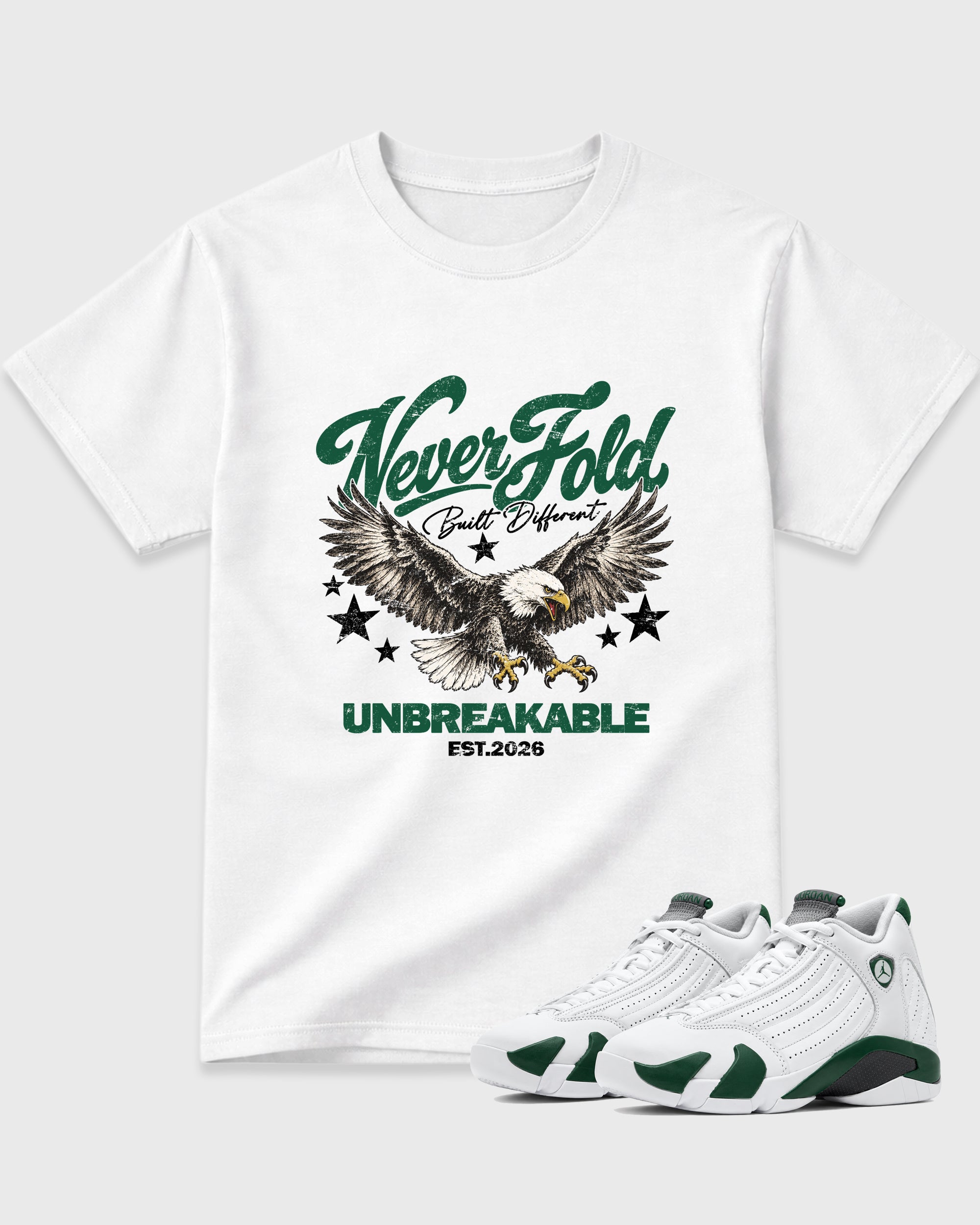 Never Fold Graphic T-Shirt featuring original streetwear artwork designed to match the Air Jordan 14 Forest Green. White 1 Graphic T-Shirt.