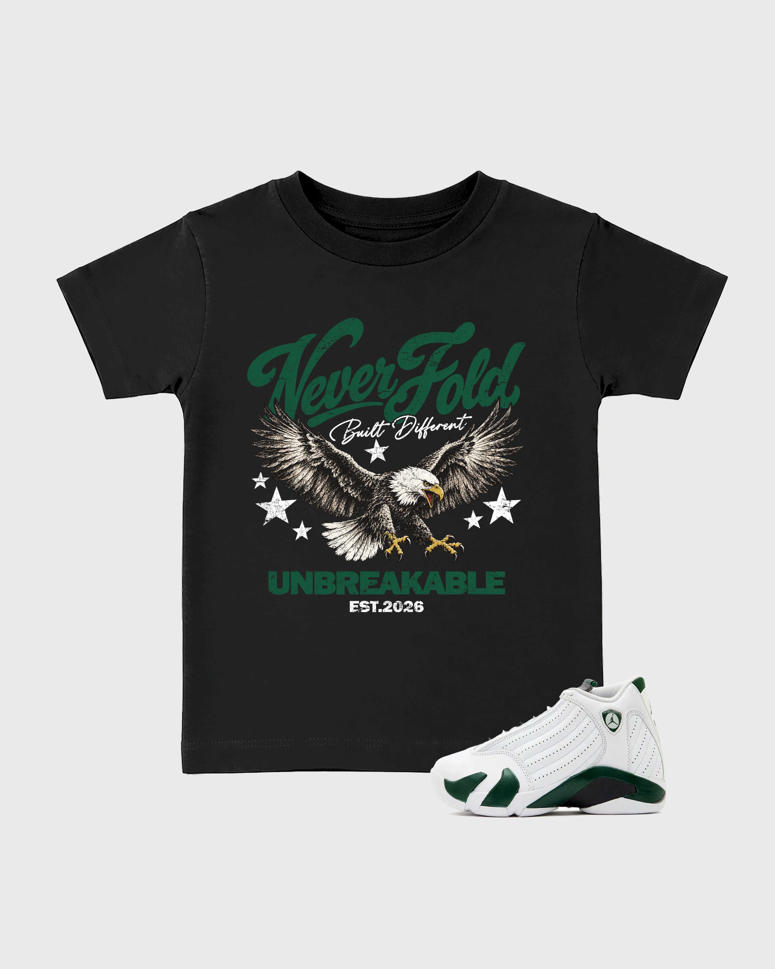 Never Fold Baby & Kids Graphic T-Shirt featuring original artwork designed to match the Air Jordan 14 Forest Green. Black 1 Kids Graphic Tee.