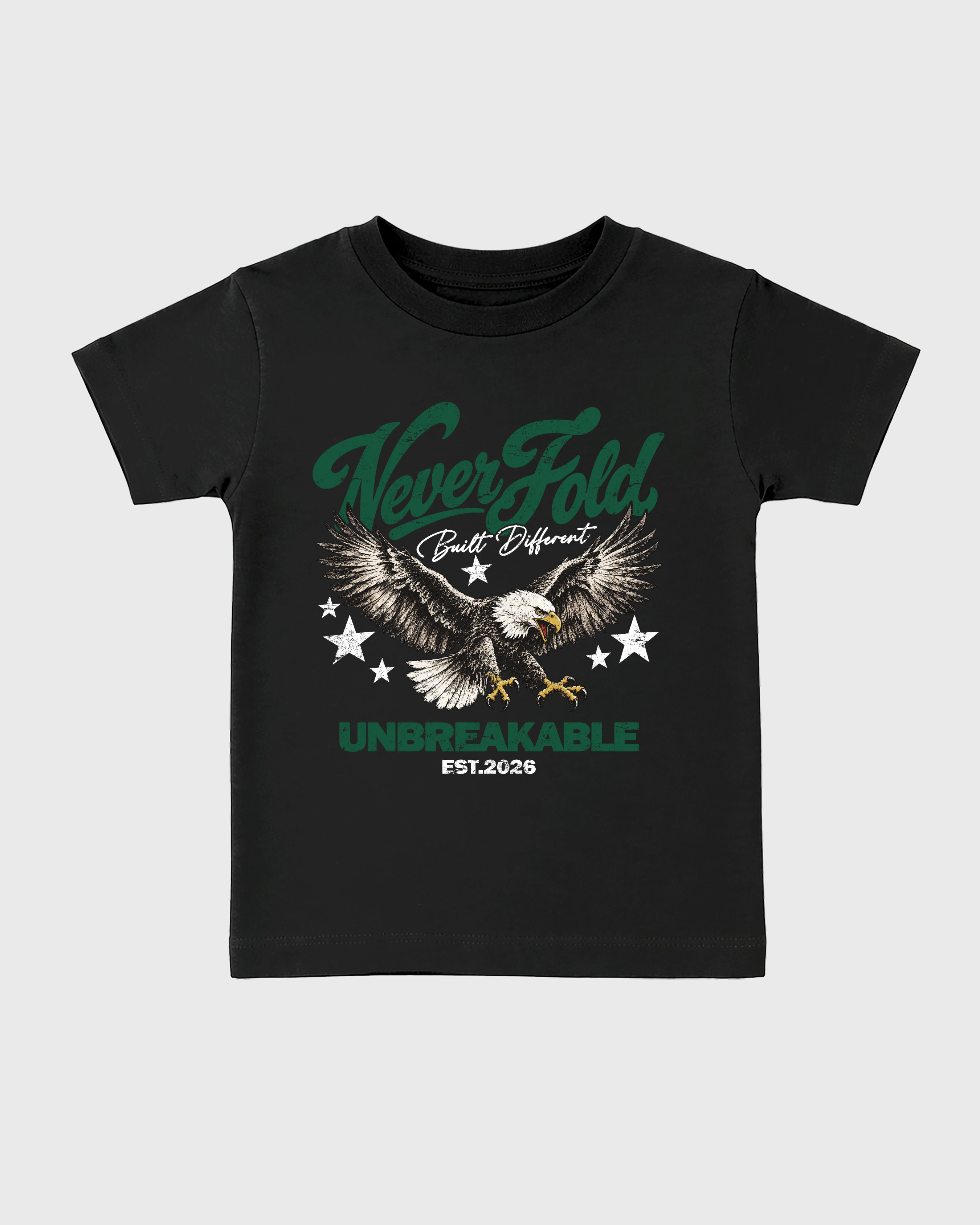 Never Fold Baby & Kids Graphic T-Shirt featuring original artwork designed to match the Air Jordan 14 Forest Green. Black 2 Kids Graphic Tee.