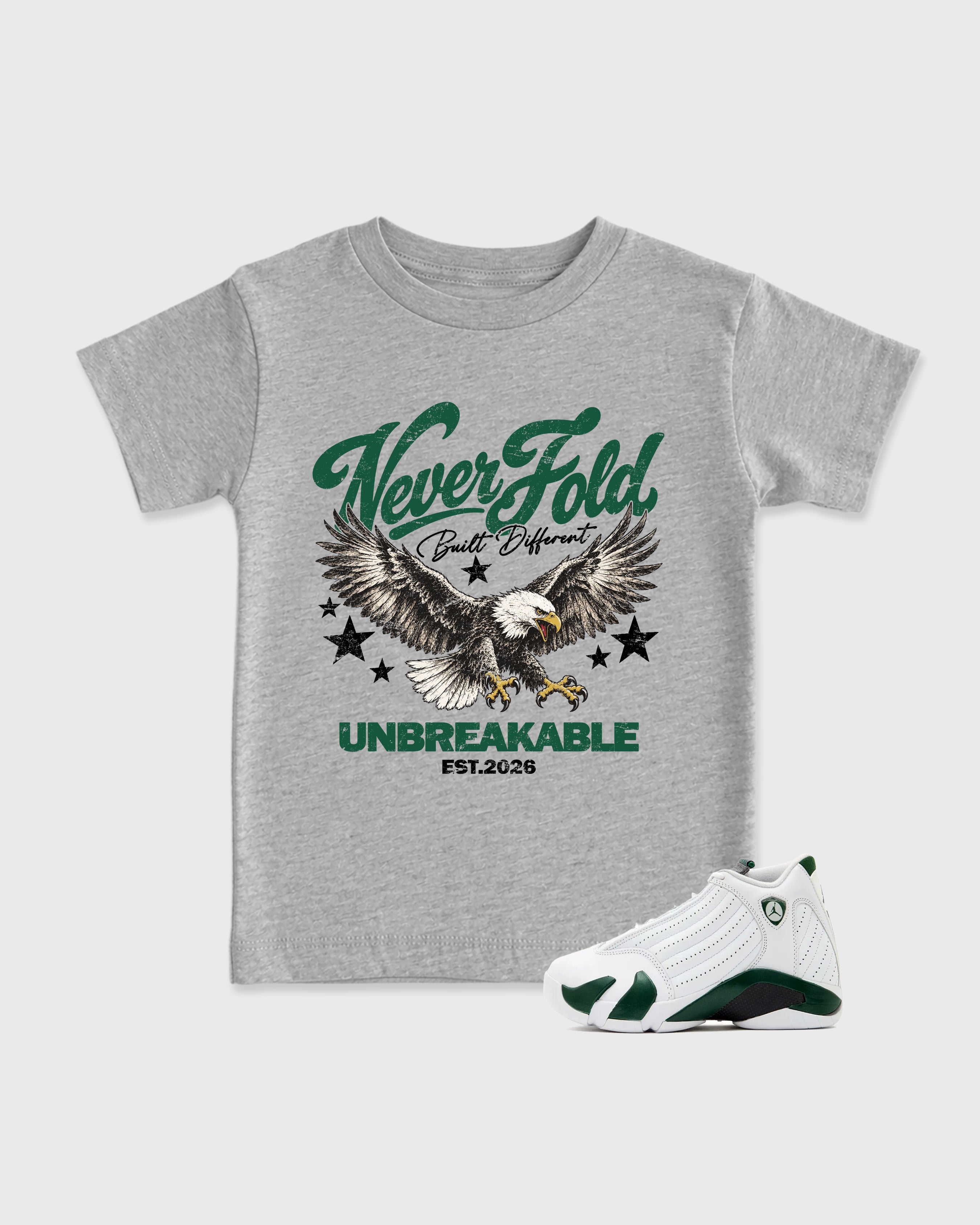 Never Fold Baby & Kids Graphic T-Shirt featuring original artwork designed to match the Air Jordan 14 Forest Green. Heather Grey 1 Kids Graphic Tee.