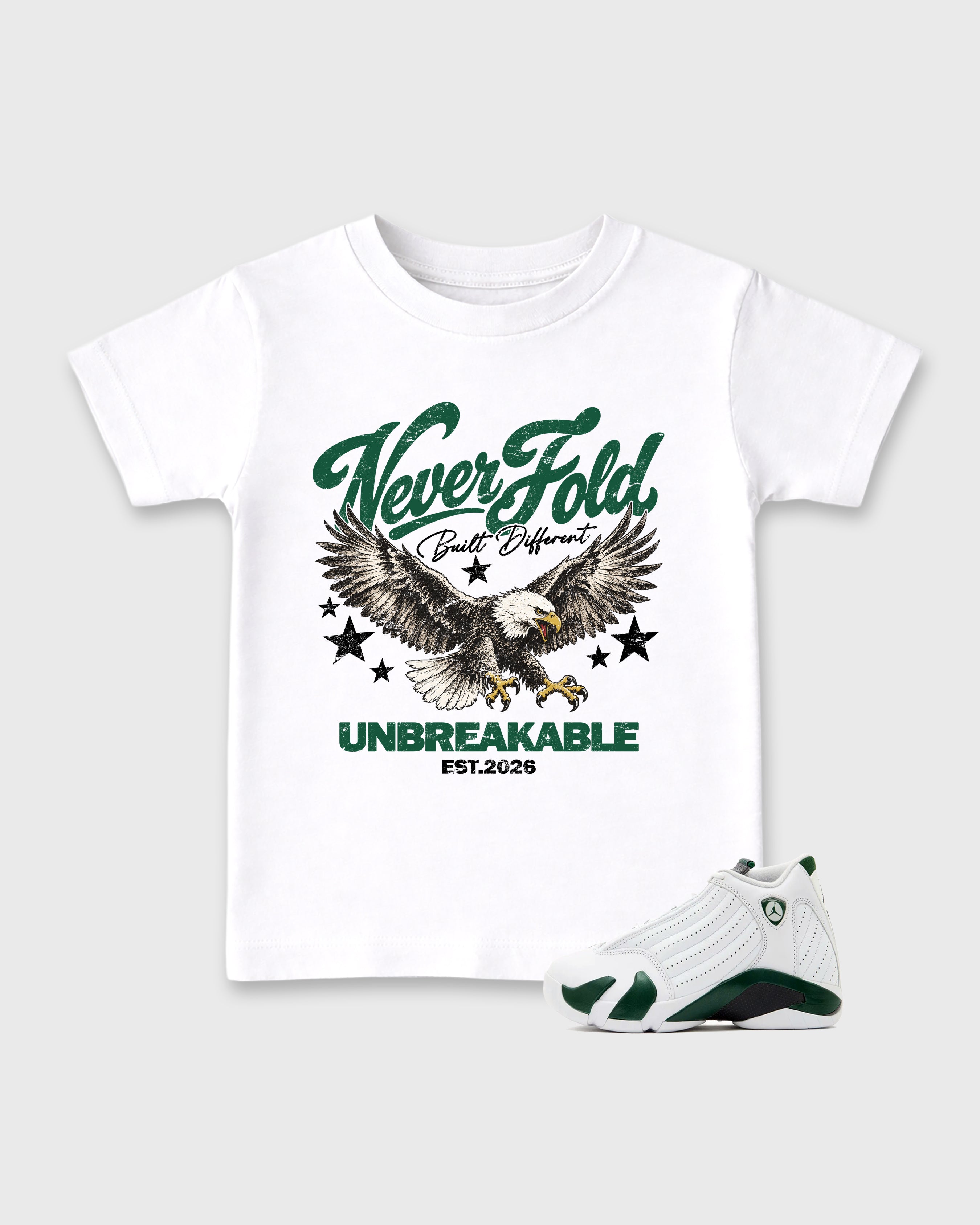Never Fold Baby & Kids Graphic T-Shirt featuring original artwork designed to match the Air Jordan 14 Forest Green. White 1 Kids Graphic Tee.
