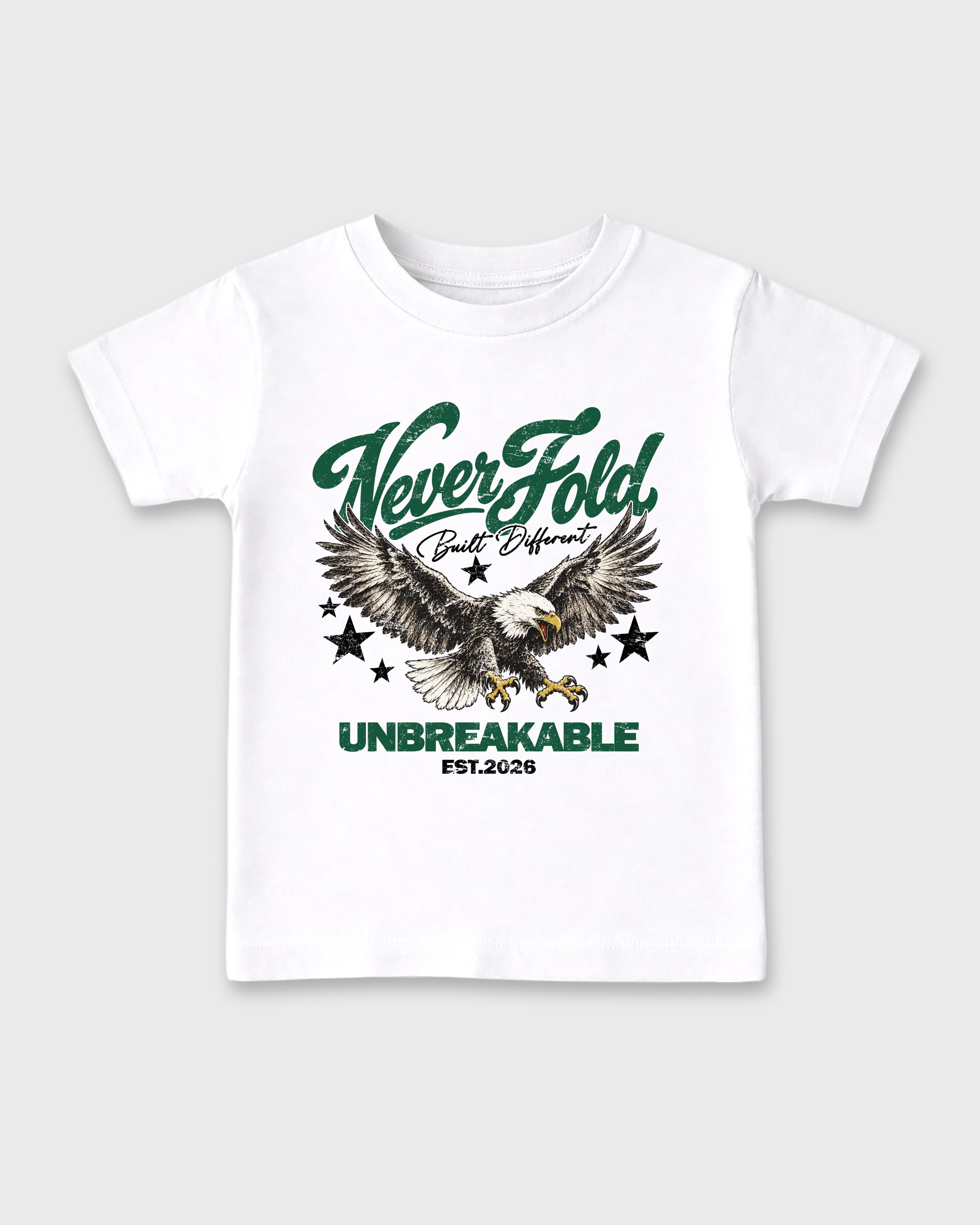 Never Fold Baby & Kids Graphic T-Shirt featuring original artwork designed to match the Air Jordan 14 Forest Green. White 2 Kids Graphic Tee.