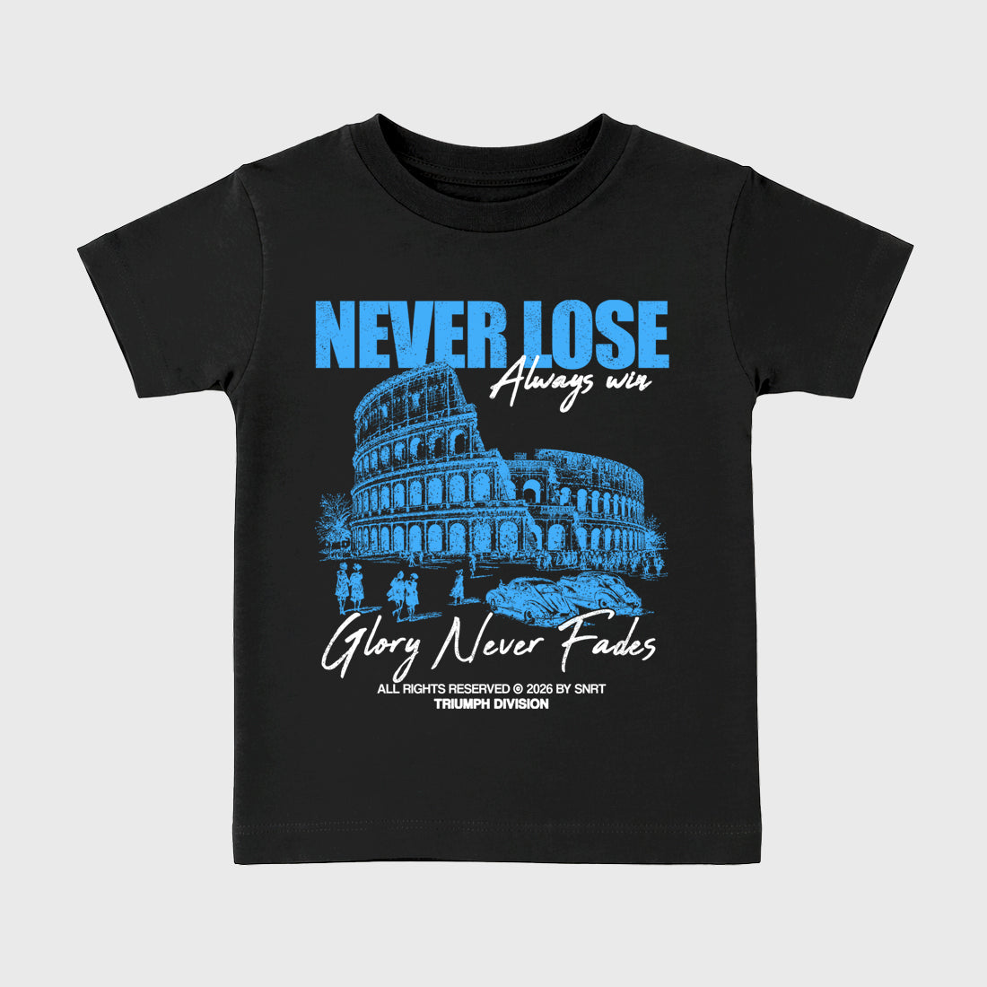 Never Lose affordable baby and kids t-shirt designed to match the Air Jordan 5 Black Carolina, featuring coordinated Black 2 options for the perfect little sneakerhead streetwear look.