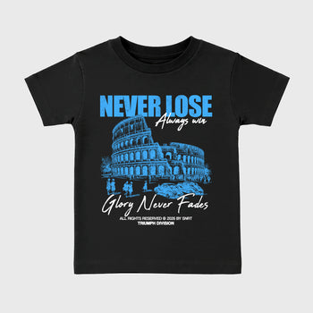 Never Lose affordable baby and kids t-shirt designed to match the Air Jordan 5 Black Carolina, featuring coordinated Black 2 options for the perfect little sneakerhead streetwear look.