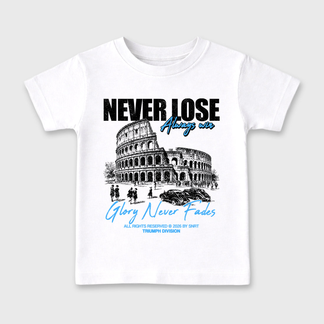Never Lose affordable baby and kids t-shirt designed to match the Air Jordan 5 Black Carolina, featuring coordinated White 2 options for the perfect little sneakerhead streetwear look.