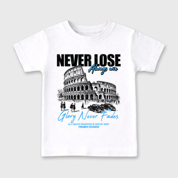Never Lose affordable baby and kids t-shirt designed to match the Air Jordan 5 Black Carolina, featuring coordinated White 2 options for the perfect little sneakerhead streetwear look.
