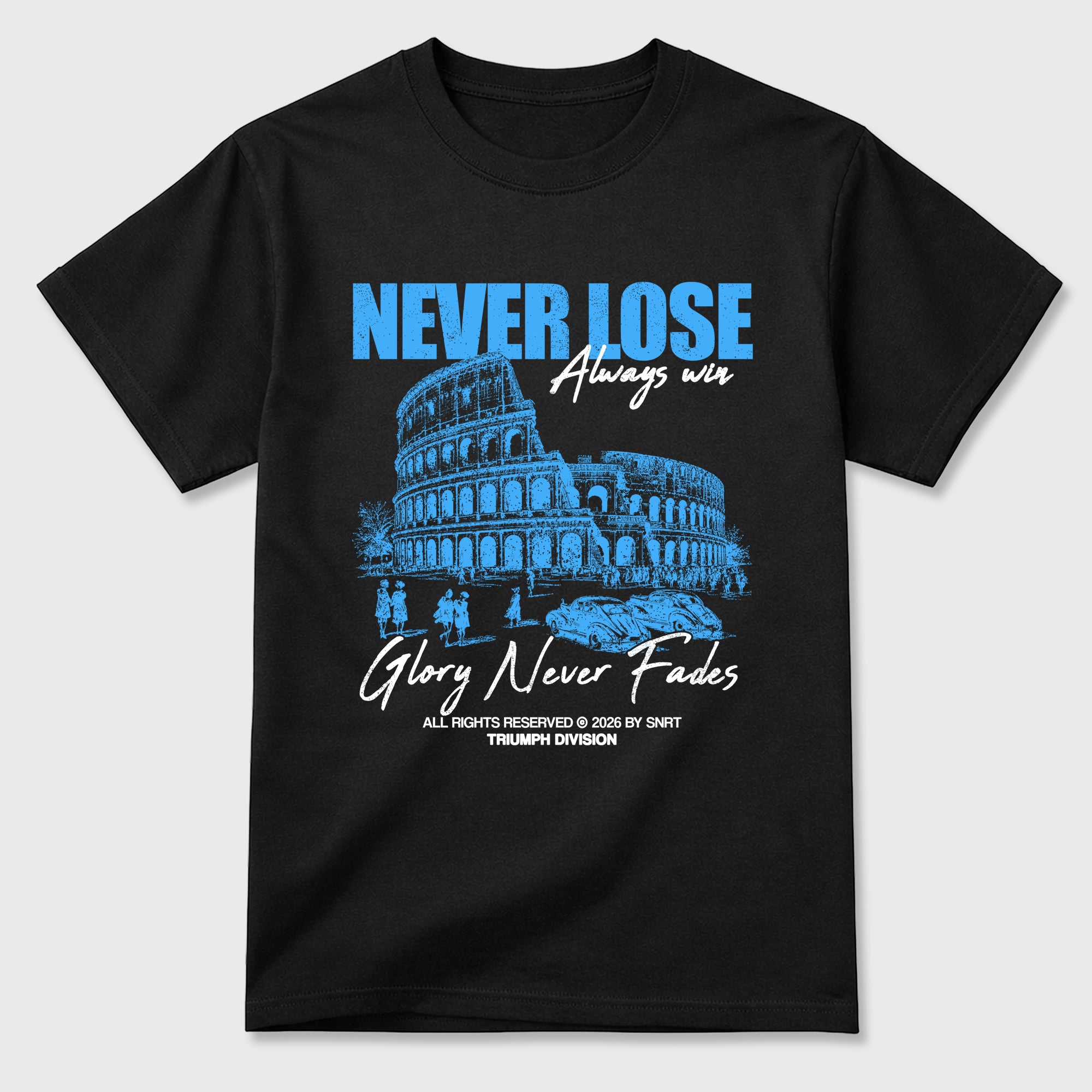 Never Lose Graphic T-Shirt sneaker match tee designed for the Air Jordan 5 Black Carolina, featuring coordinated color options for a perfect streetwear match. Black 2 shirt.
